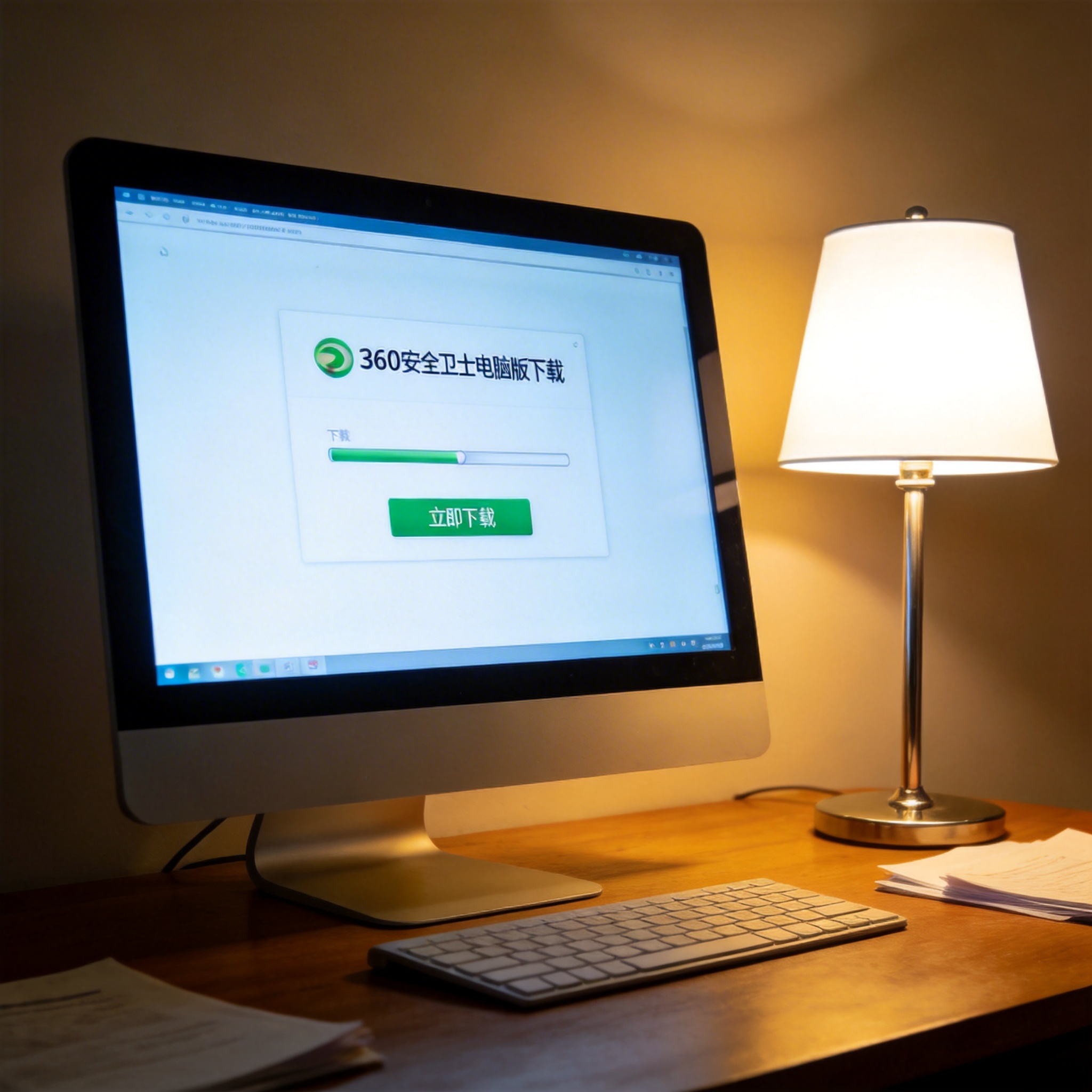 电脑桌上的电脑，屏幕显示360 安全卫士电脑版下载界面，旁边放着台灯