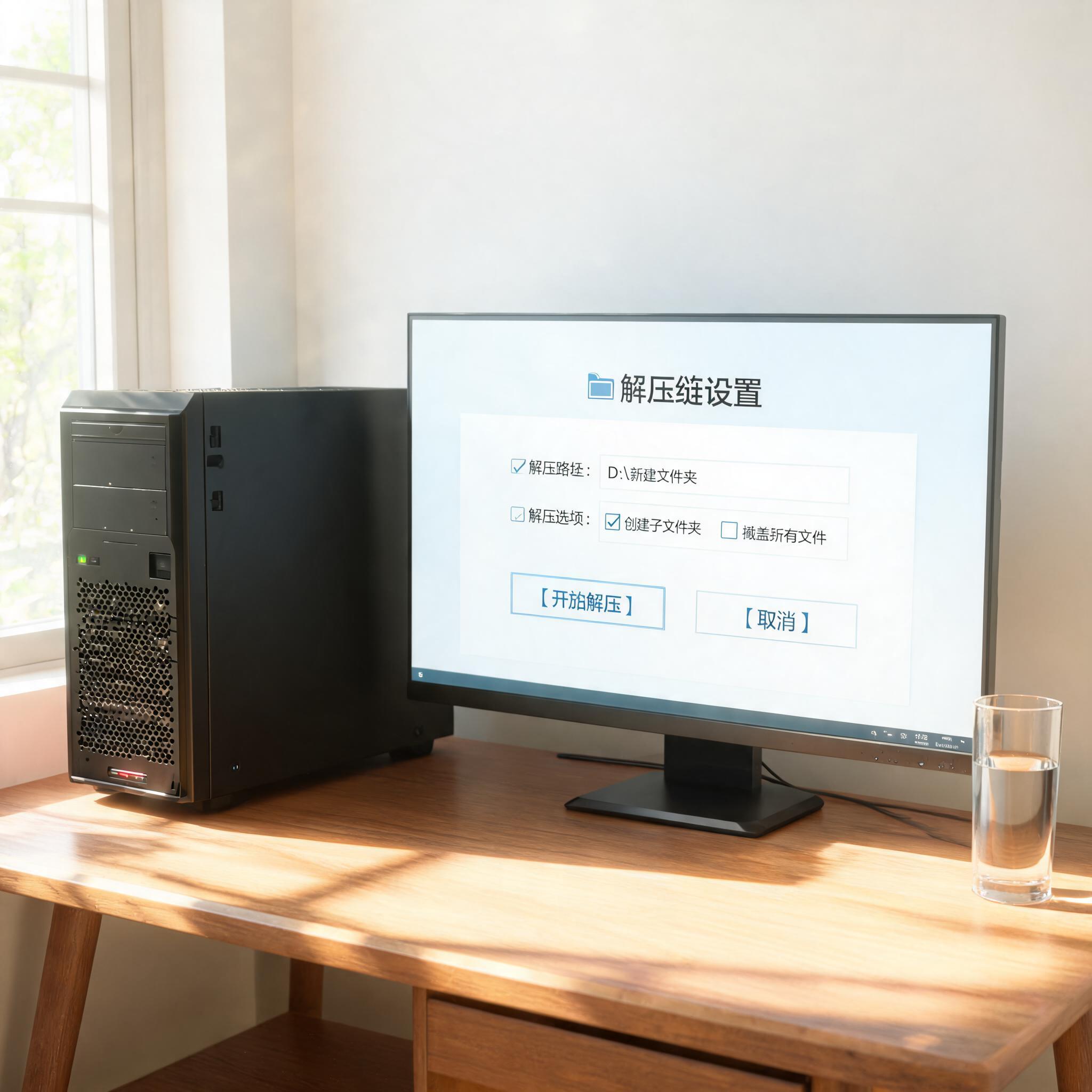 书桌上的主机，屏幕显示解压缩设置界面，桌角放着水杯，自然光