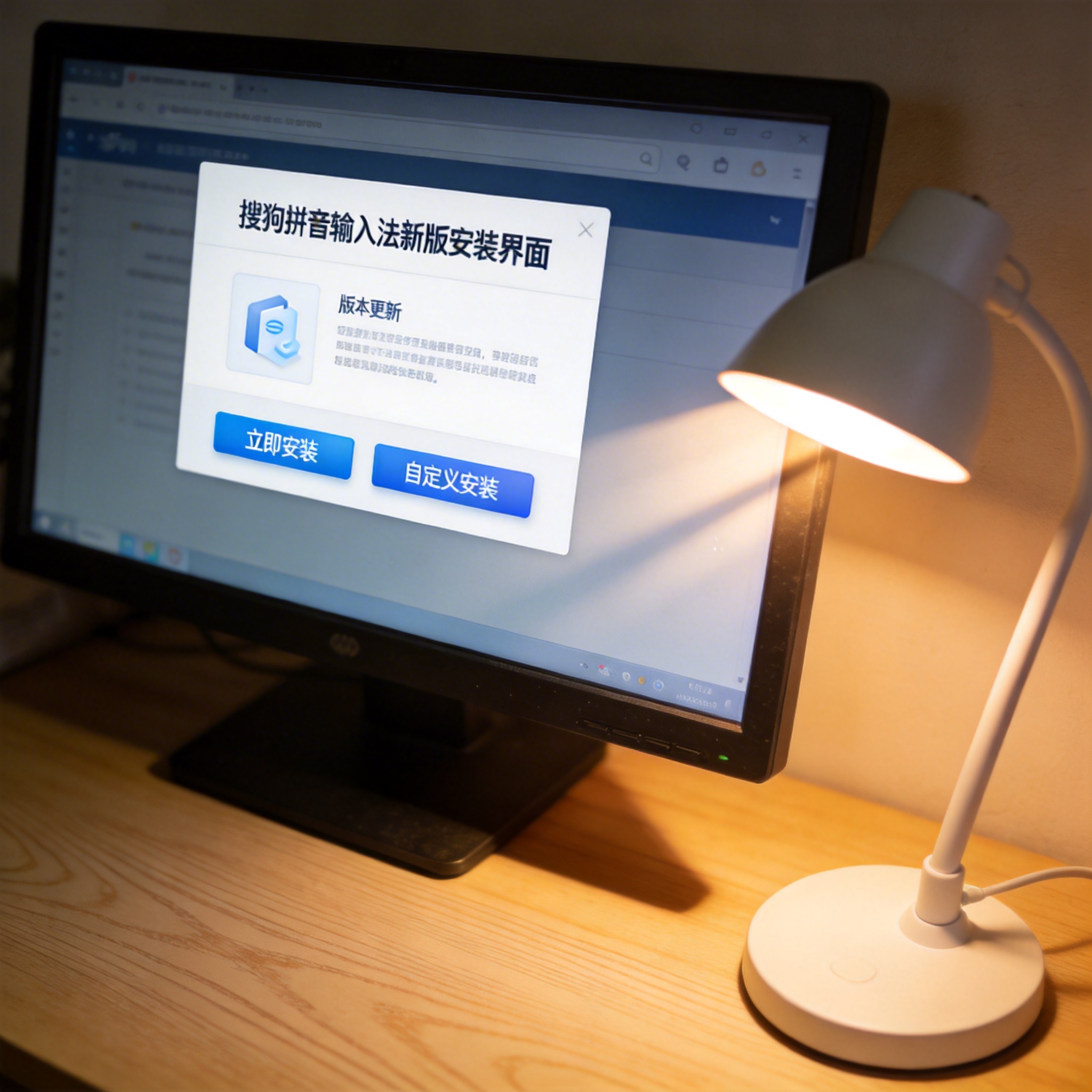 电脑桌上的电脑，屏幕显示搜狗拼音输入法新版安装界面，旁边放着台灯