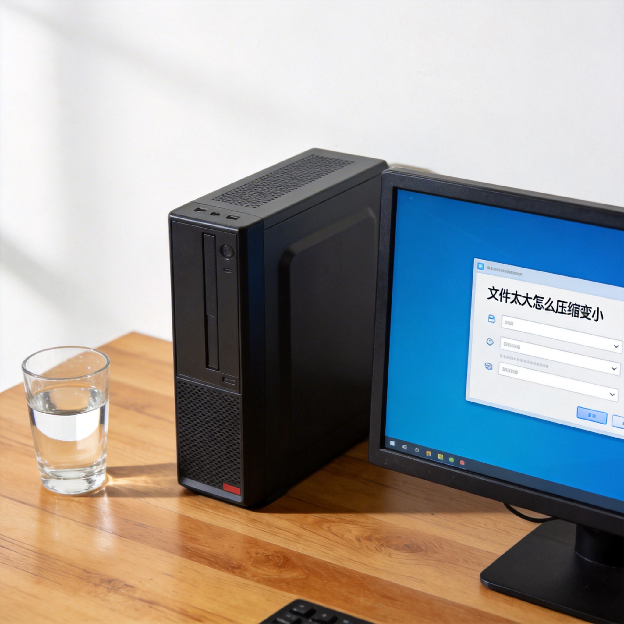 书桌上的主机，屏幕显示文件太大怎么压缩变小设置界面，桌角放着水杯，自然光