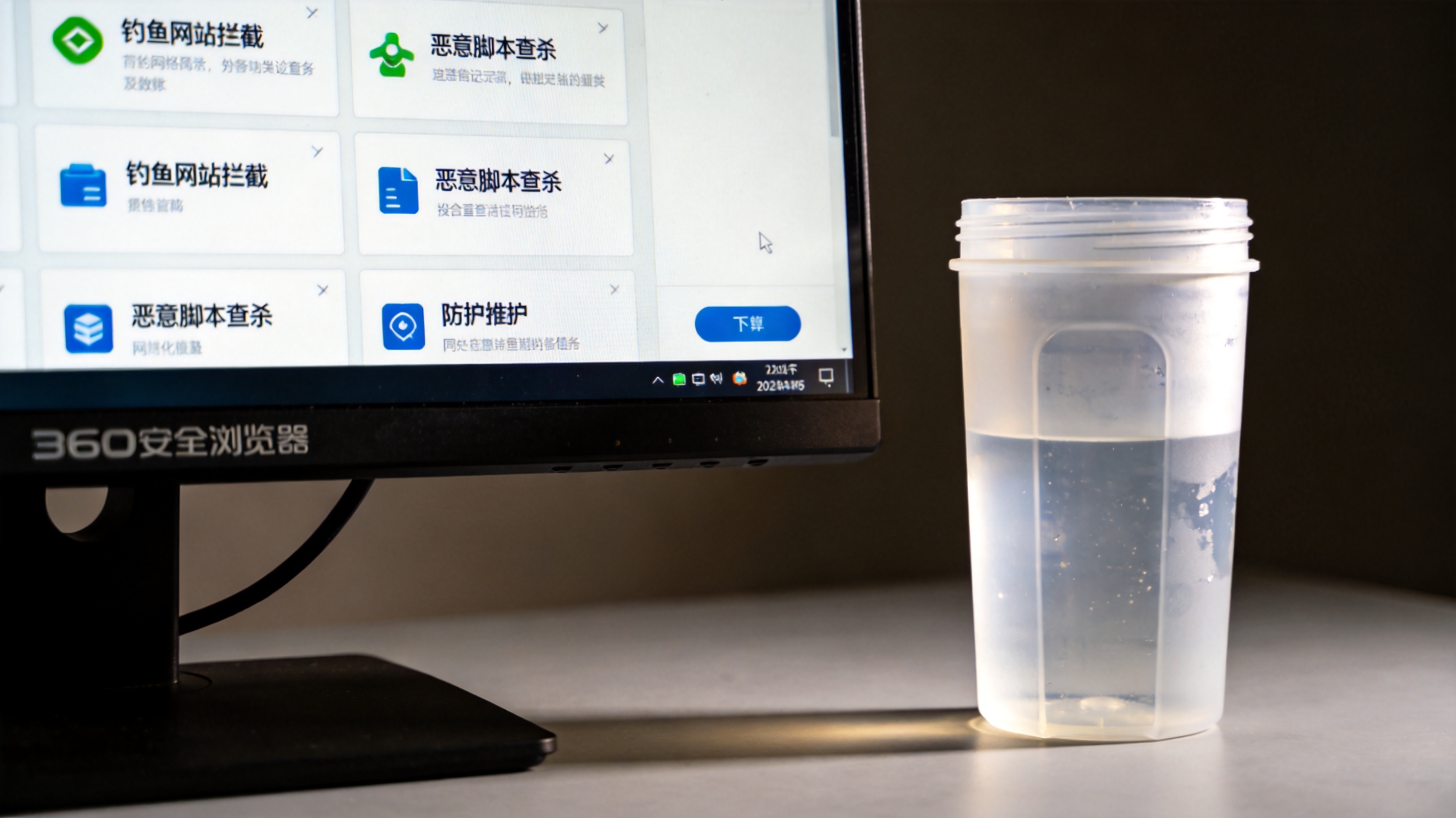 电脑屏幕显示360安全浏览器的设置界面，页面展示钓鱼网站拦截、恶意脚本查杀等防护模块，旁边放着塑料水杯
