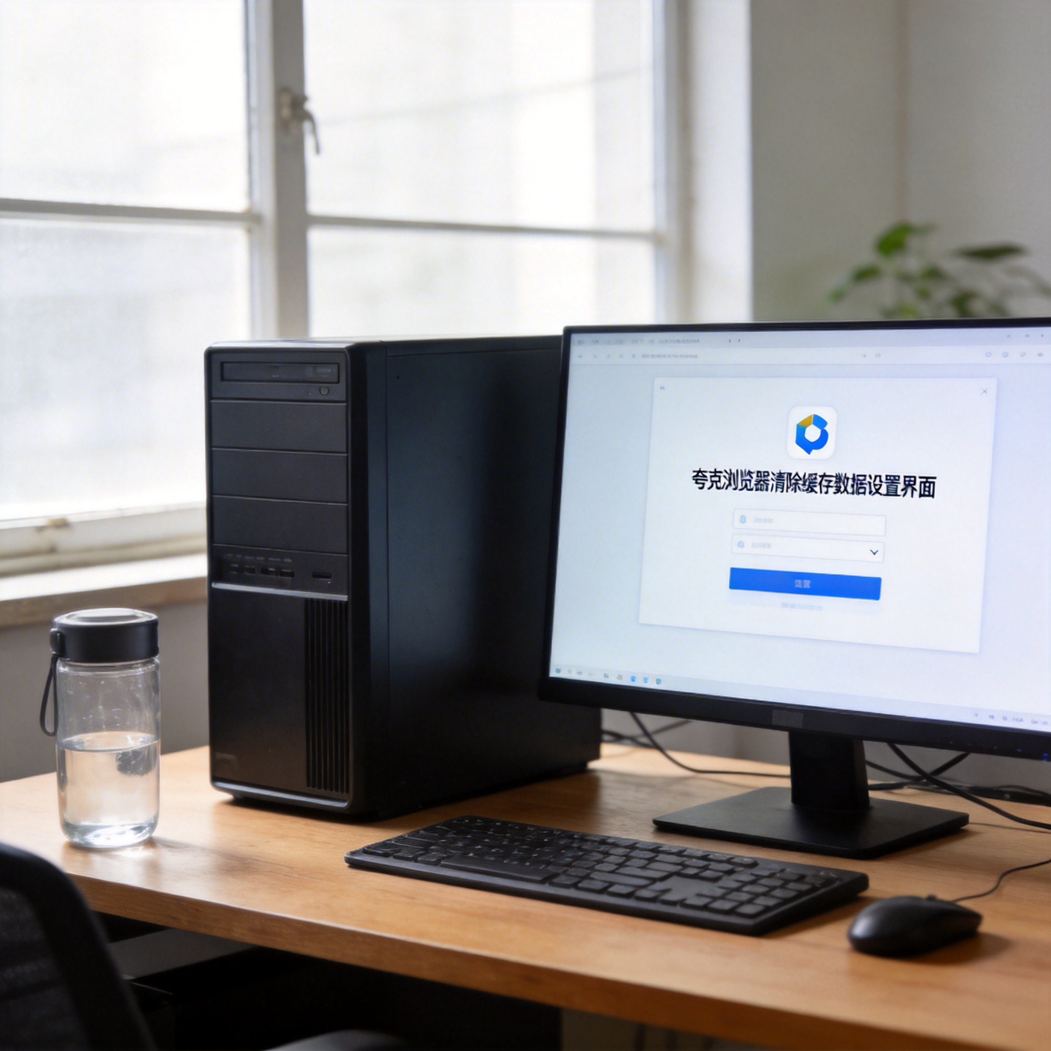书桌上的主机，屏幕显示夸克浏览器怎么清除缓存数据设置界面，桌角放着水杯，自然光