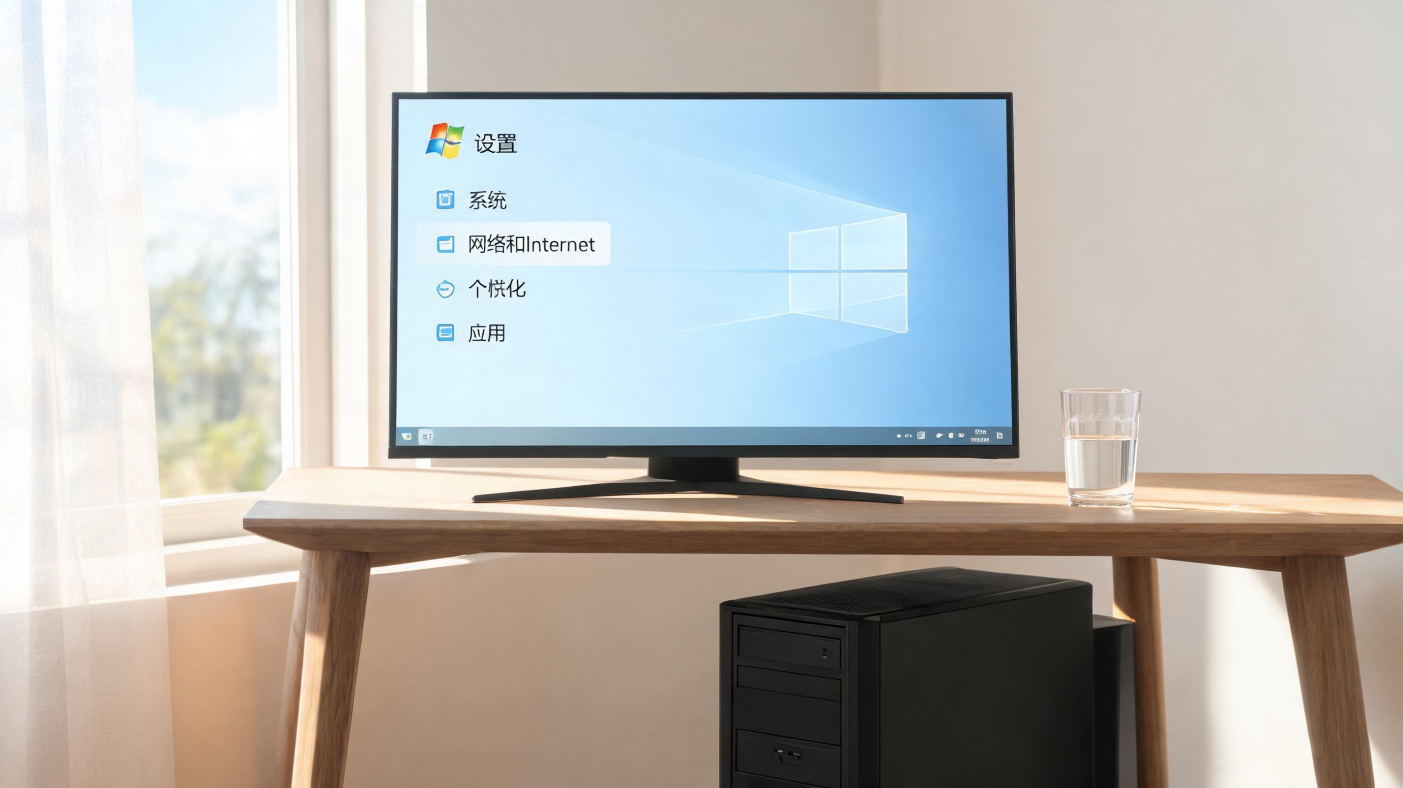 书桌上的主机，屏幕显示Windows设置界面，桌角放着水杯，自然光