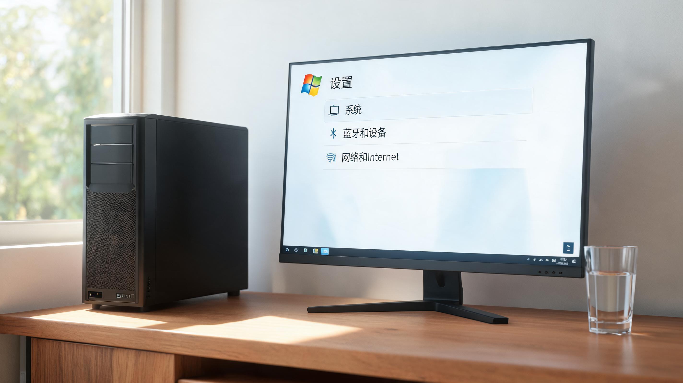 书桌上的主机，屏幕显示Windows设置界面，桌角放着水杯，自然光
