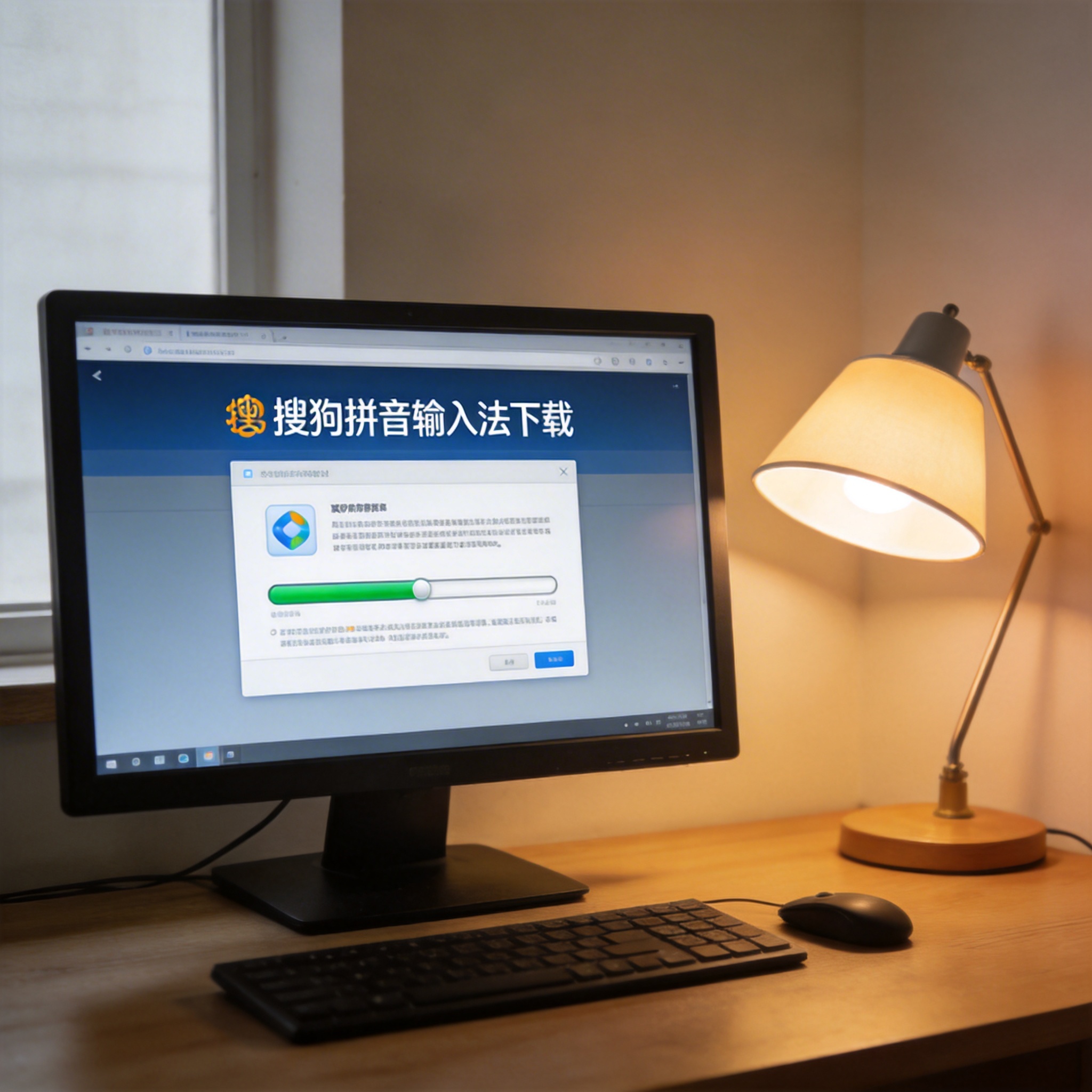 电脑桌上的电脑，屏幕显示搜狗拼音输入法下载界面，旁边放着台灯