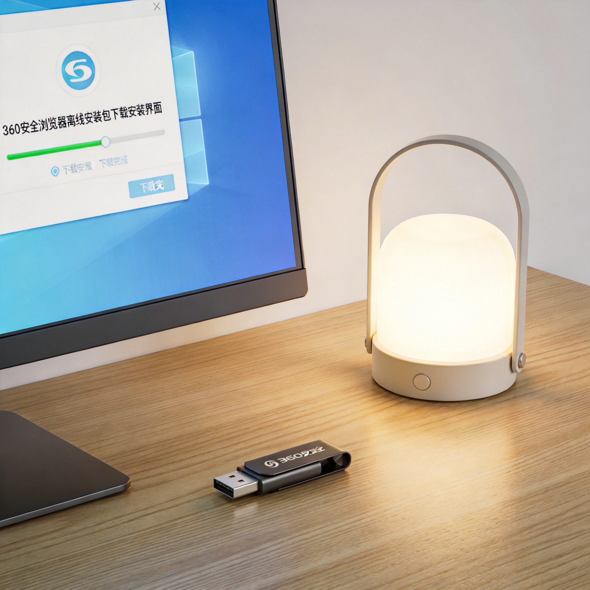 电脑桌上的U盘，屏幕显示360 安全浏览器离线安装包下载安装界面，旁边放着台灯