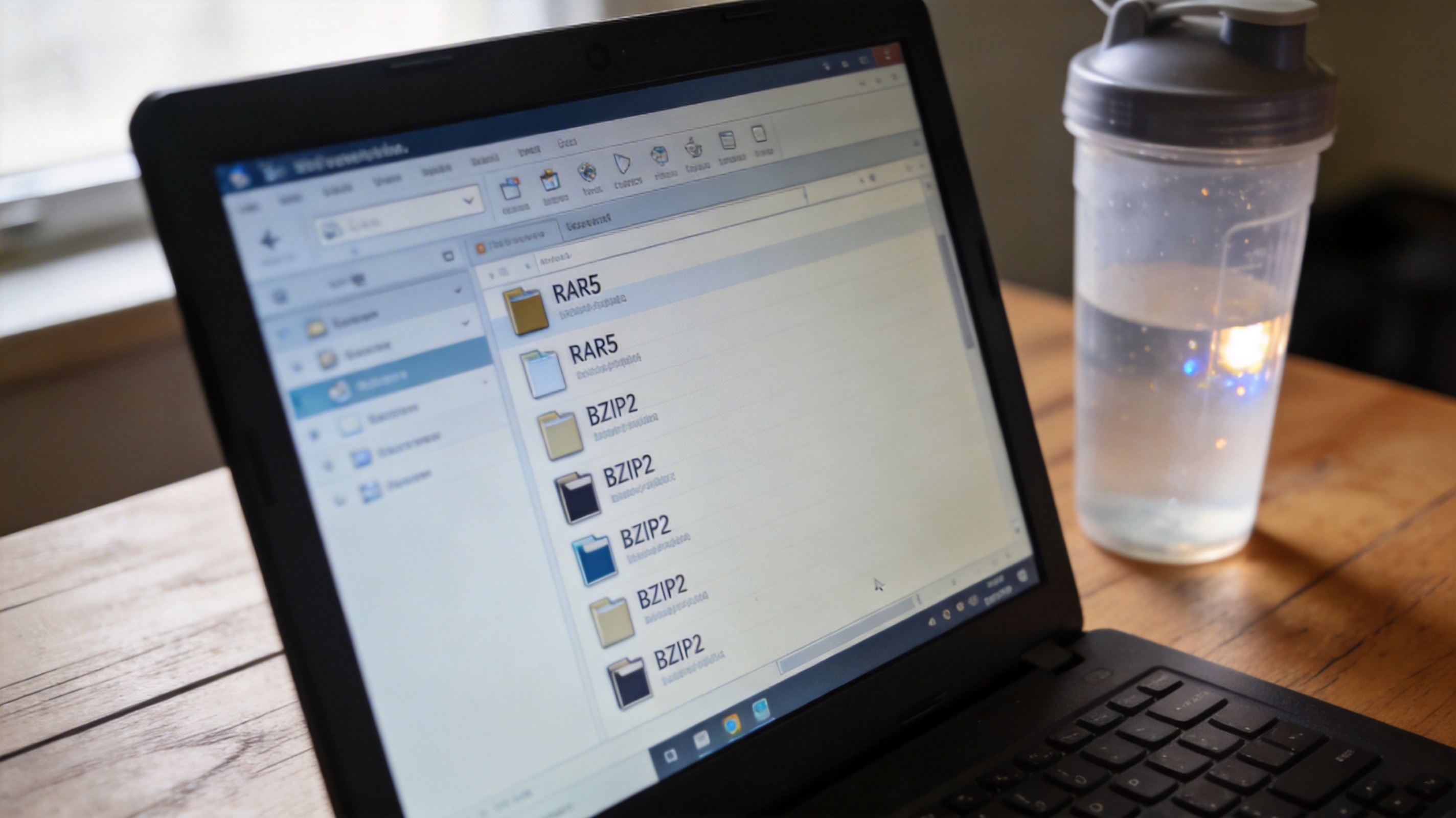 电脑桌面，屏幕显示多格式兼容解压缩软件界面，列表里有RAR5、BZIP2格式的压缩包，旁边放着半透明塑料水杯，自然光