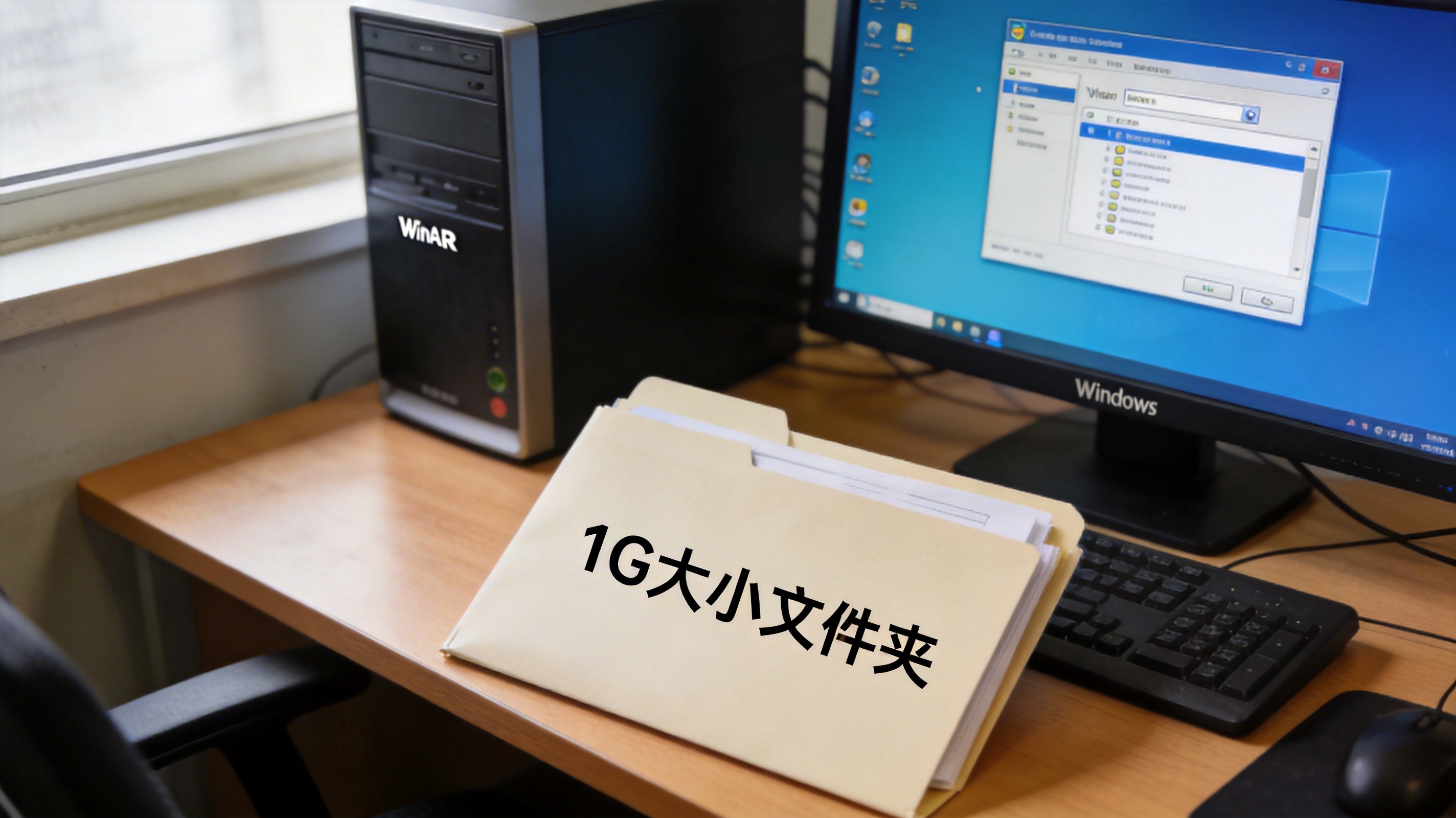 电脑桌的Windows系统电脑，屏幕显示WinRAR软件的压缩选项界面，桌面放着1G大小的文件夹，室内自然光