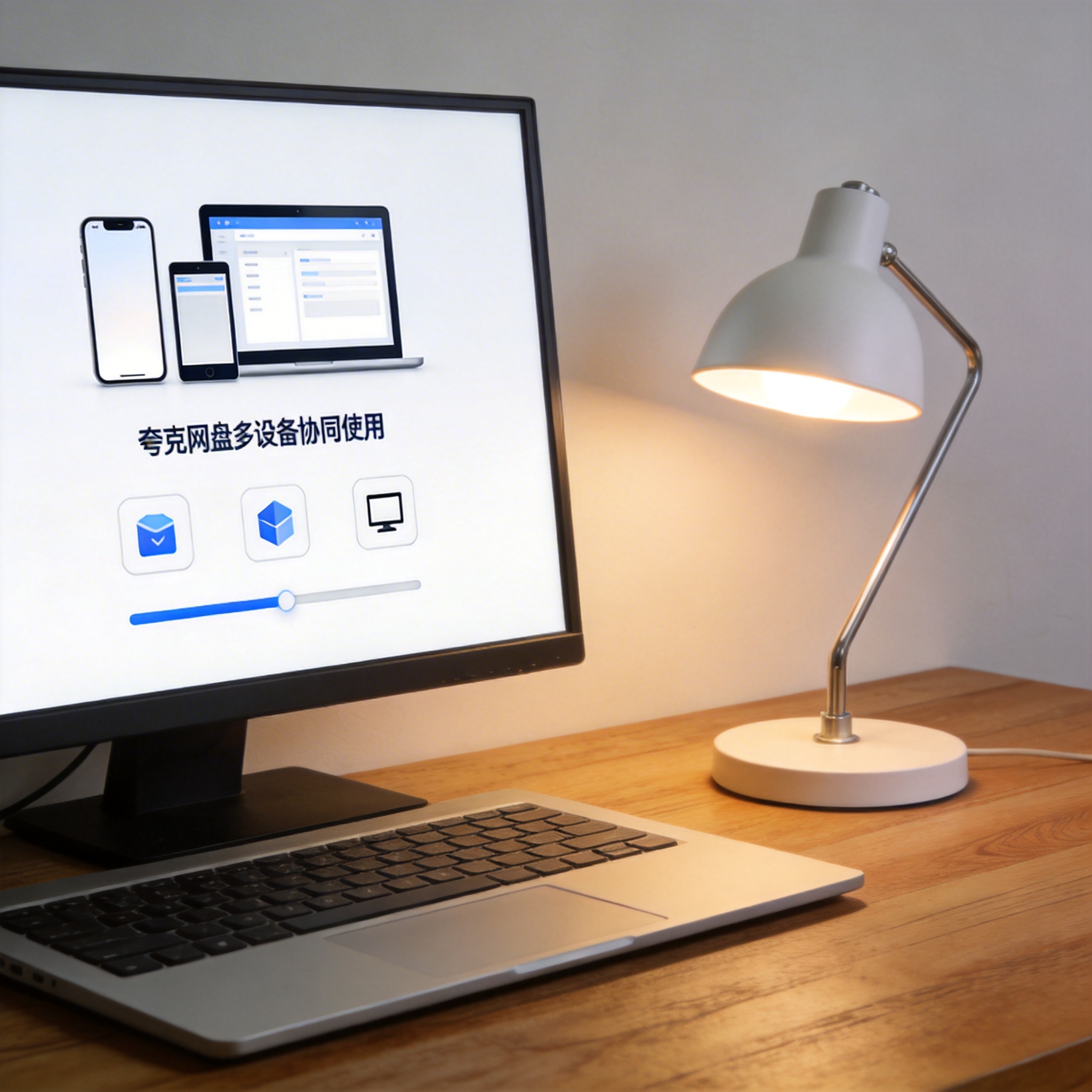 电脑桌上的电脑，屏幕显示夸克网盘多设备协同使用界面，旁边放着台灯