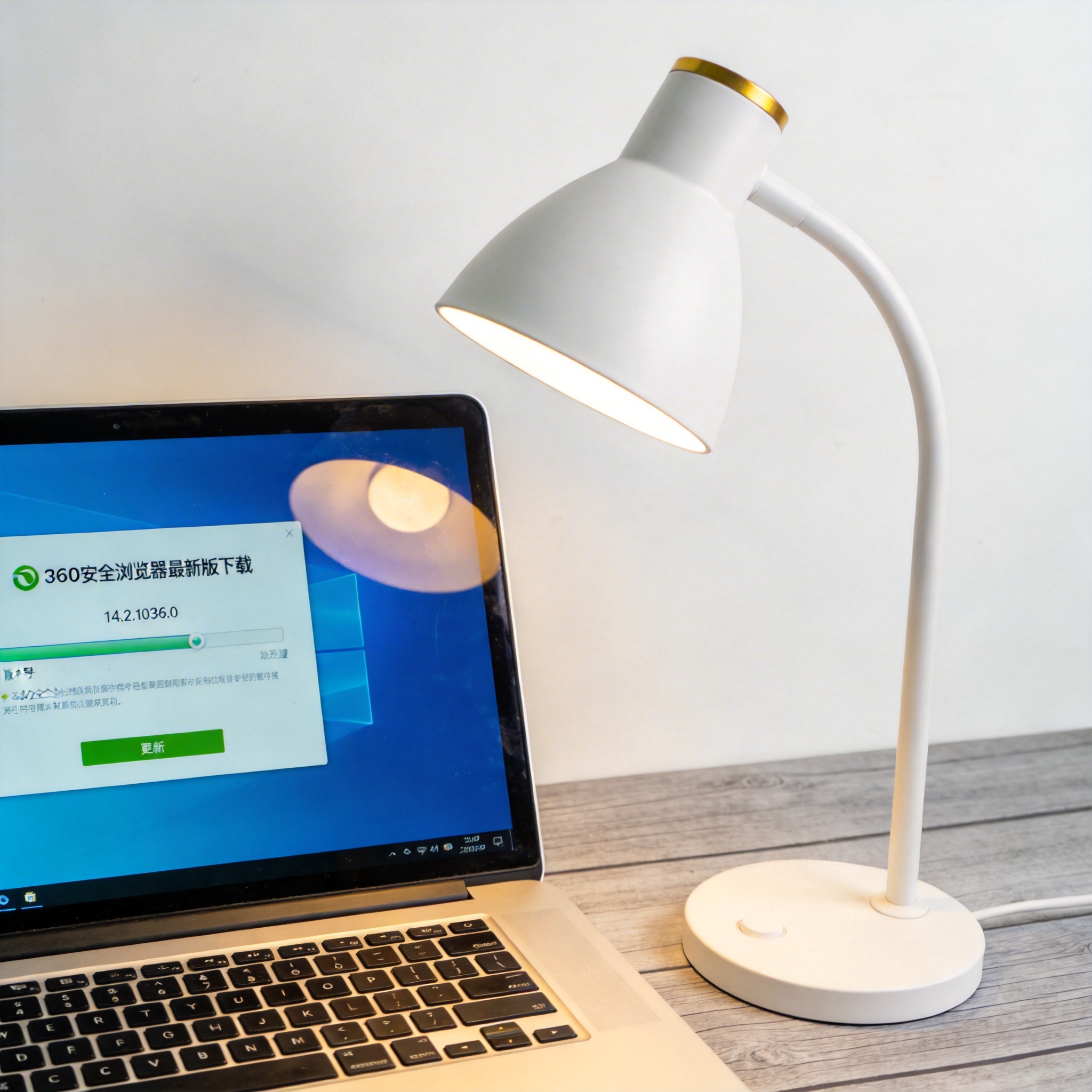 电脑桌上的电脑，屏幕显示360 安全浏览器最新版下载界面，旁边放着台灯