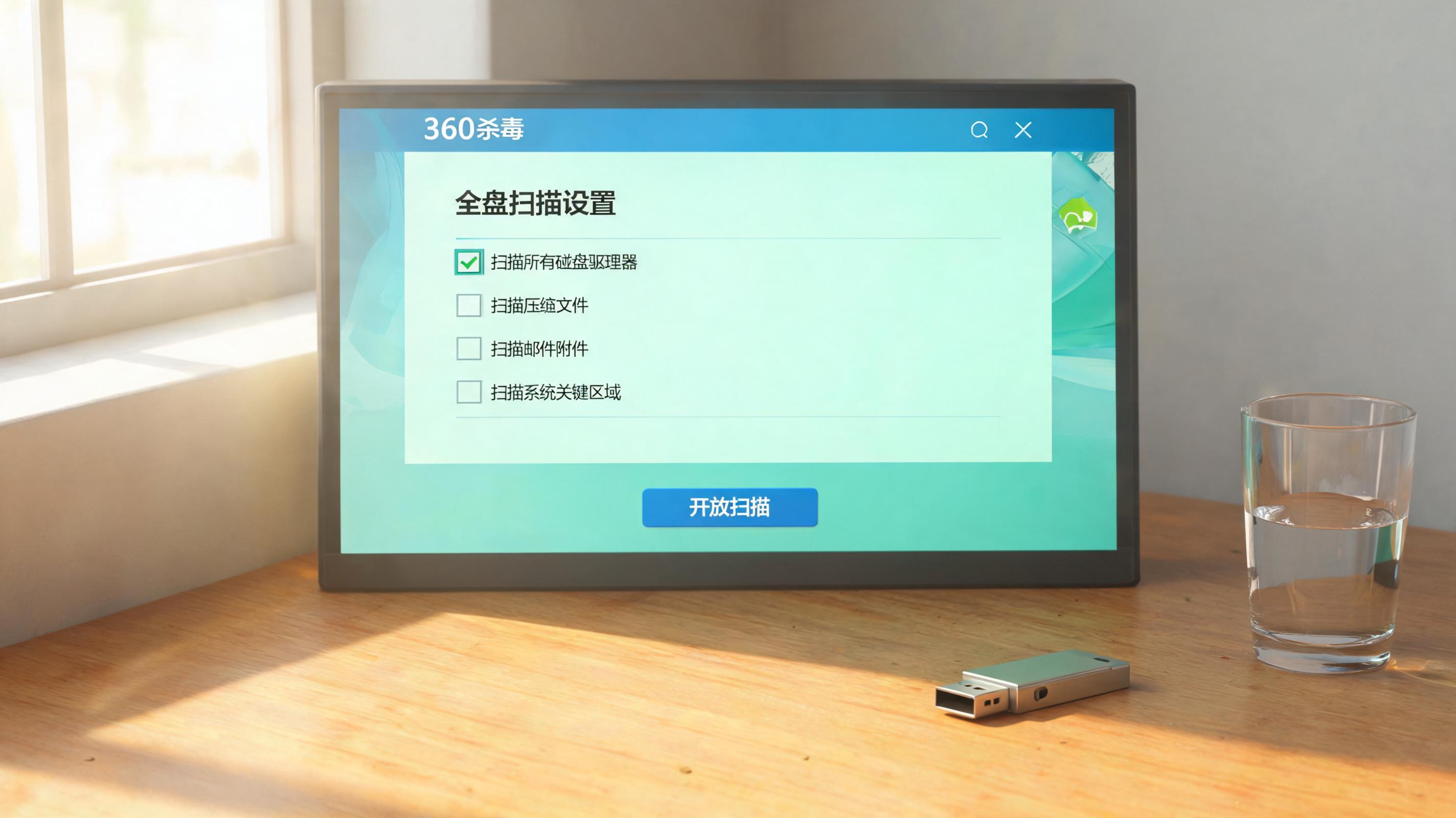 书桌上的U盘，屏幕显示360 杀毒全盘扫描设置界面，桌角放着水杯，自然光
