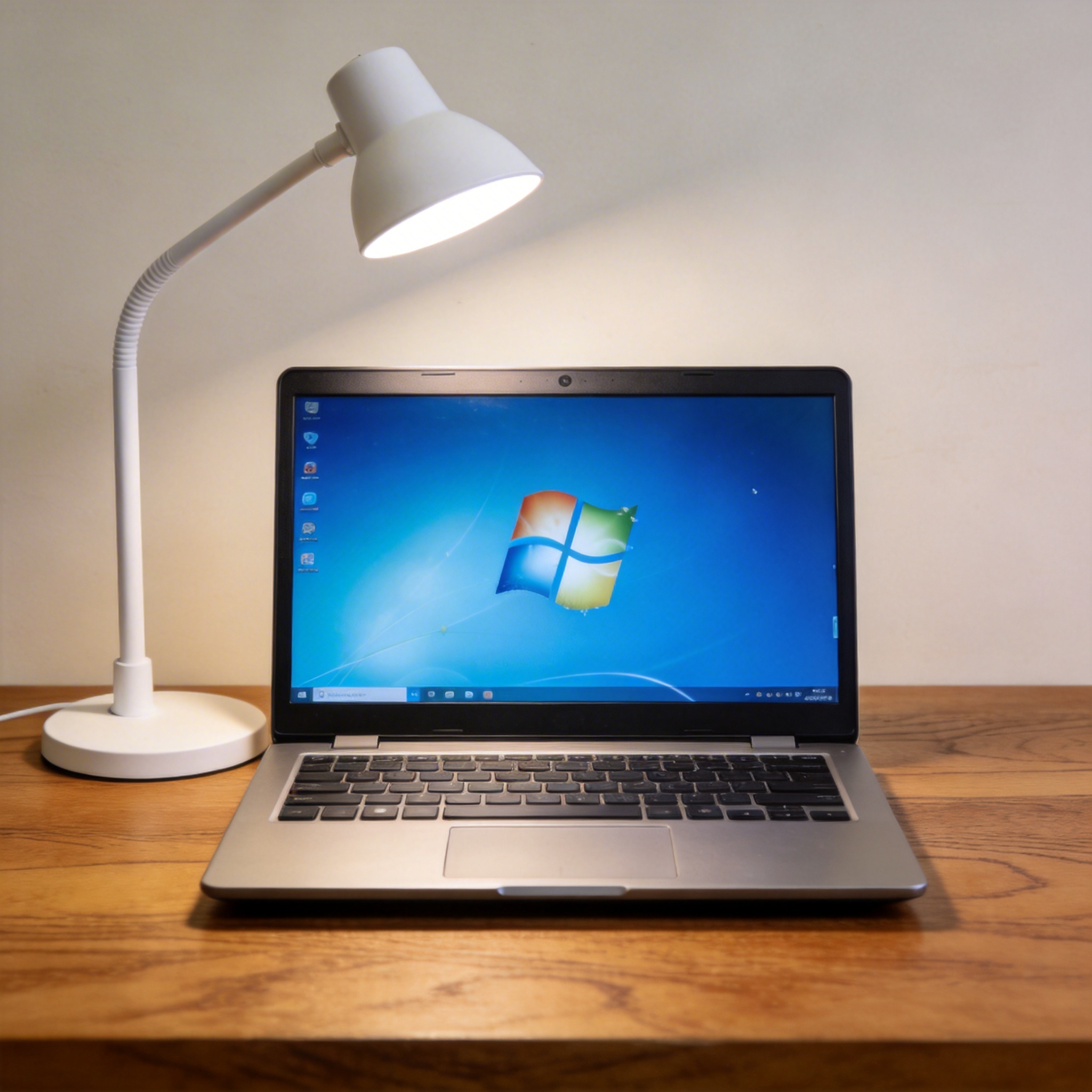电脑桌上的电脑，屏幕显示Windows界面，旁边放着台灯