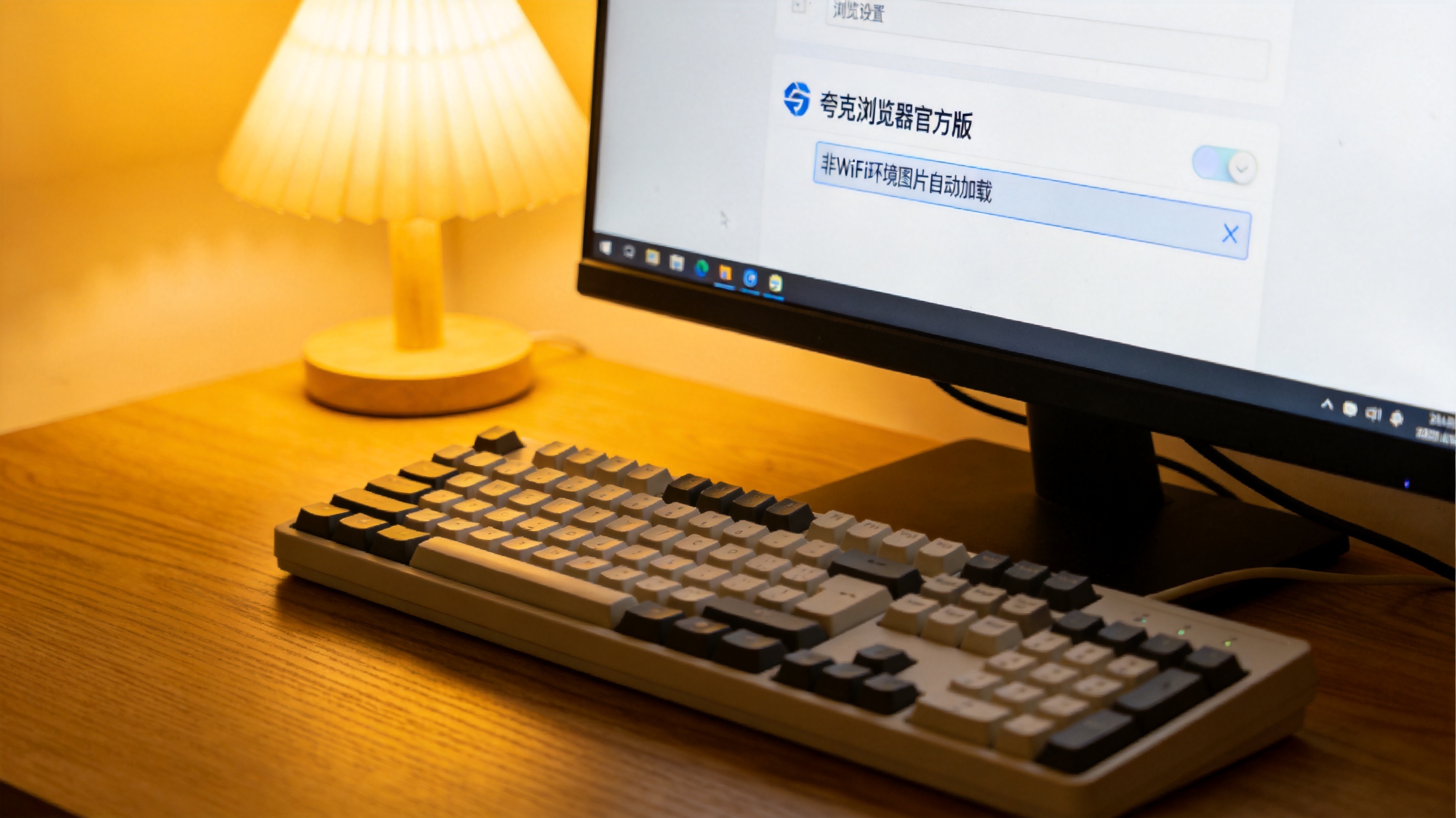 电脑屏幕显示夸克浏览器官方版的浏览设置界面，非WiFi环境图片自动加载选项处于关闭状态，旁边放着台式机键盘，台灯暖光