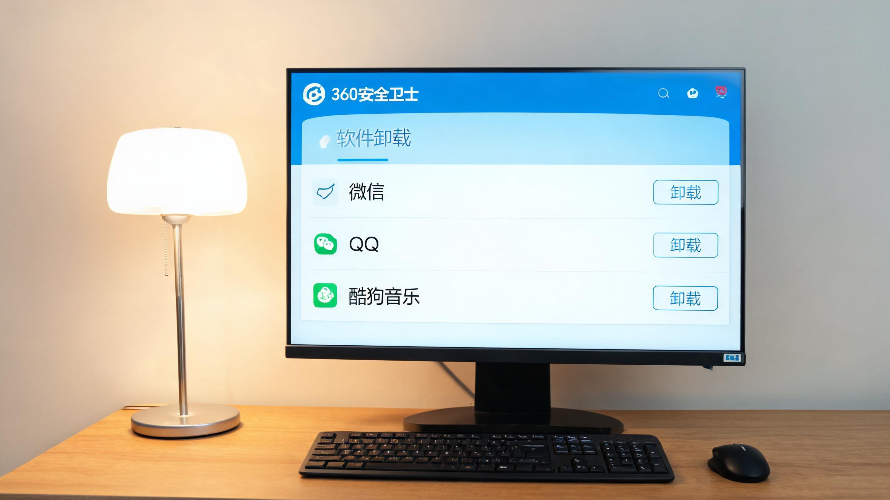 电脑桌上的电脑，屏幕显示360 卫士软件卸载功能界面，旁边放着台灯