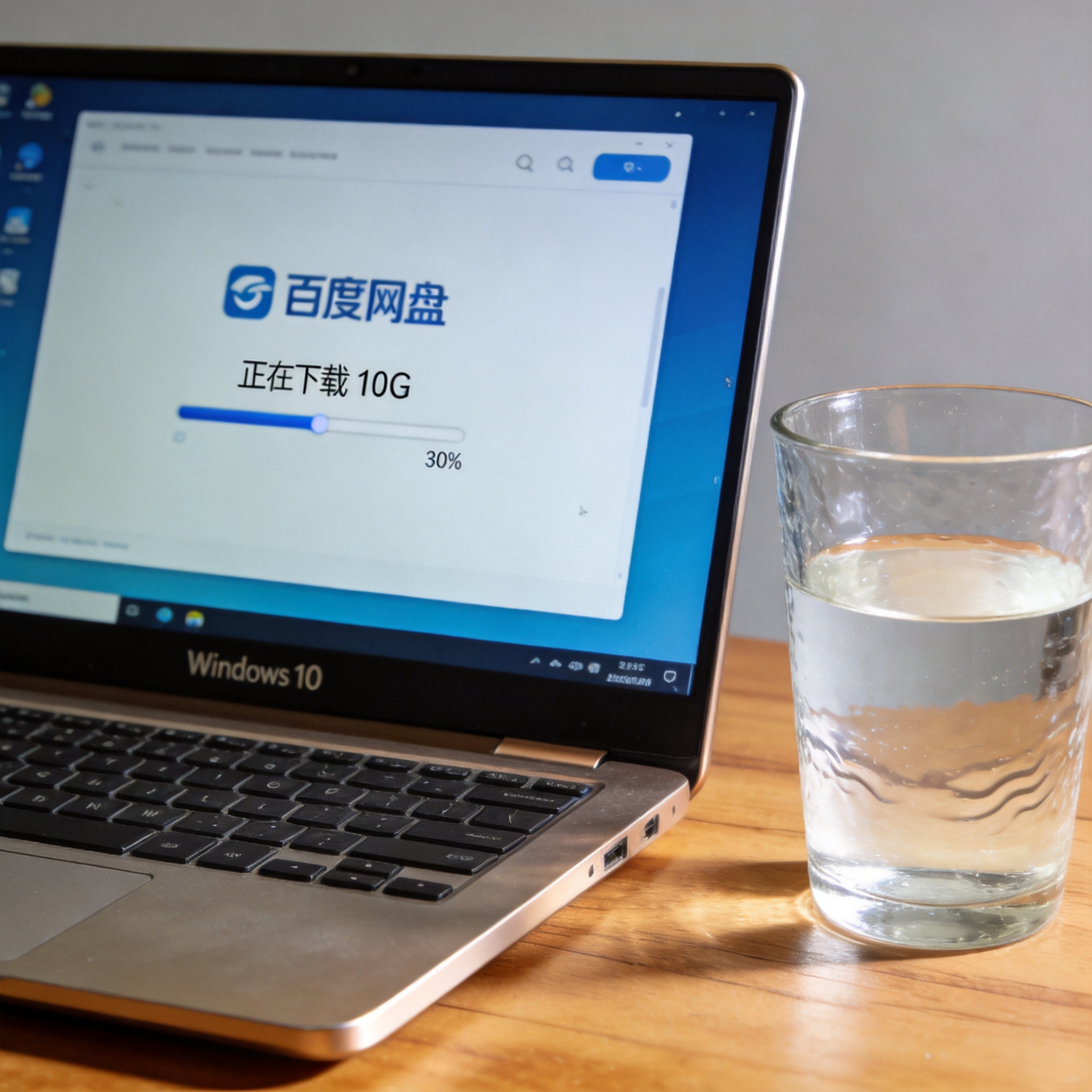 Windows10系统的电脑放在桌面上，屏幕显示百度网盘客户端界面，正在下载10G大小的文件，旁边放着半杯白水
