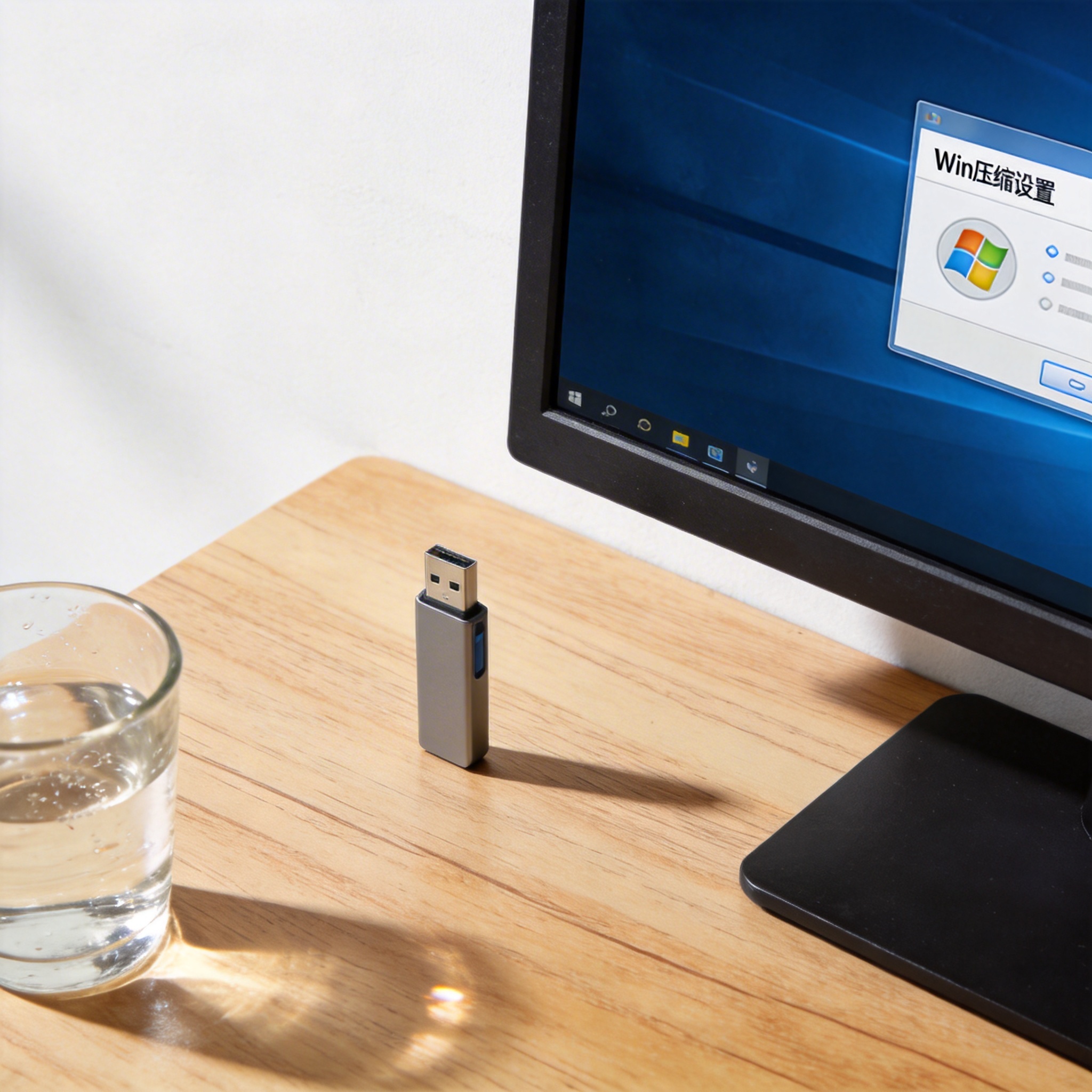 书桌上的U盘，屏幕显示win压缩设置界面，桌角放着水杯，自然光