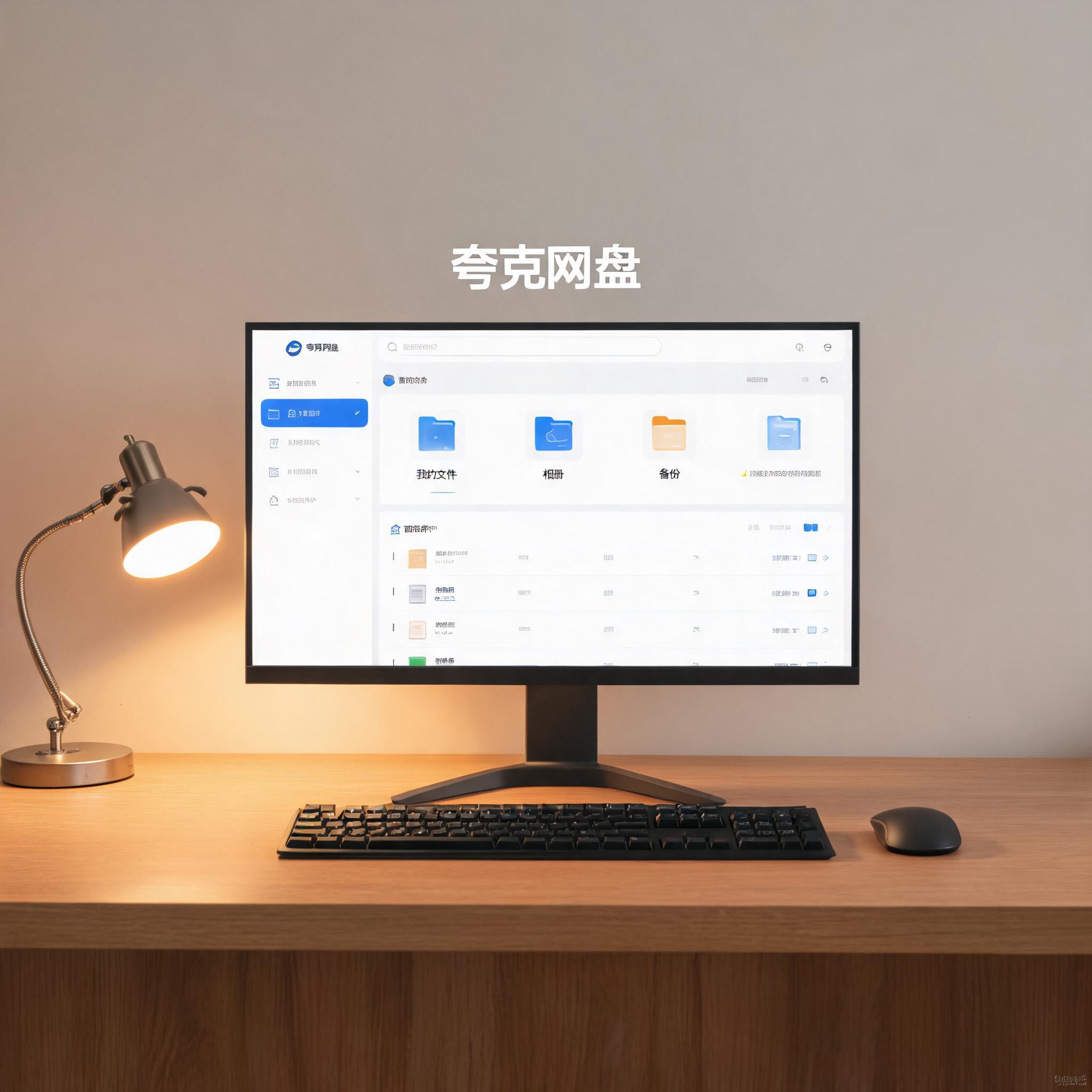 电脑桌上的电脑，屏幕显示夸克网盘界面，旁边放着台灯