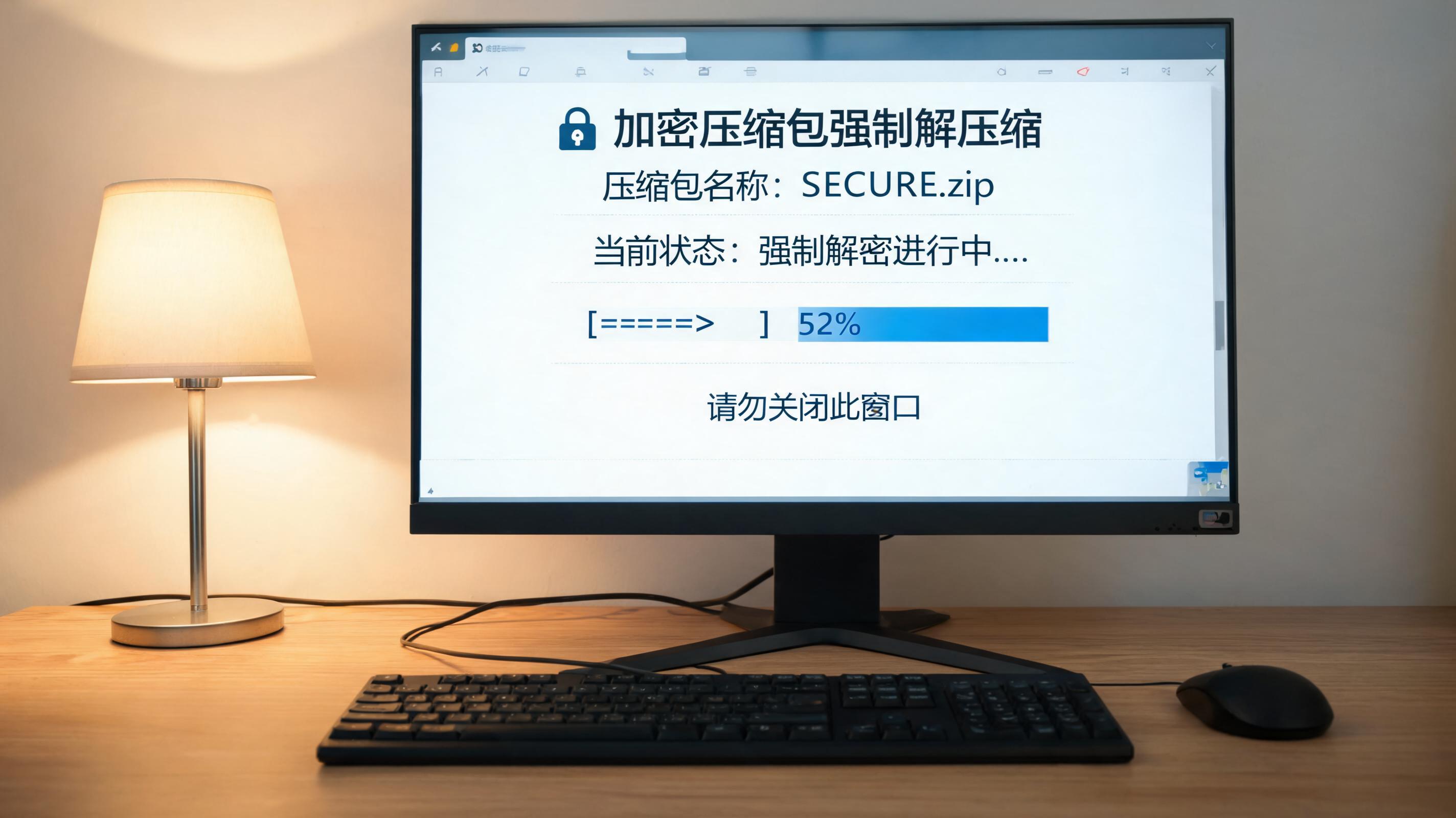 电脑桌上的电脑，屏幕显示加密压缩包强制解压缩界面，旁边放着台灯
