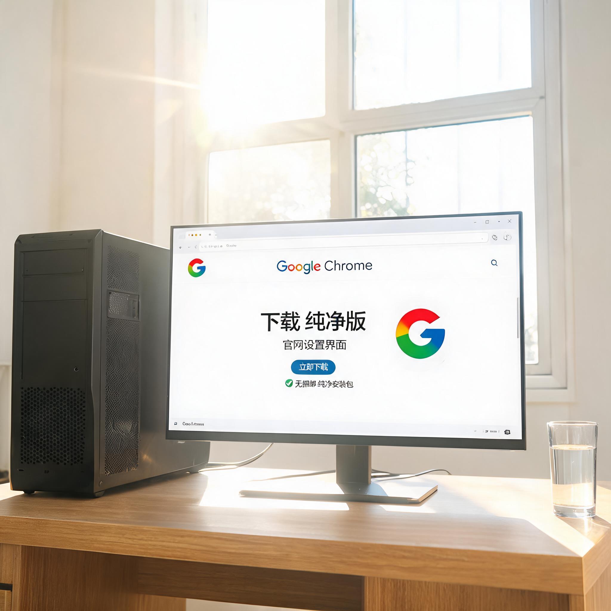 书桌上的主机，屏幕显示guge浏览器官网下载纯净版设置界面，桌角放着水杯，自然光