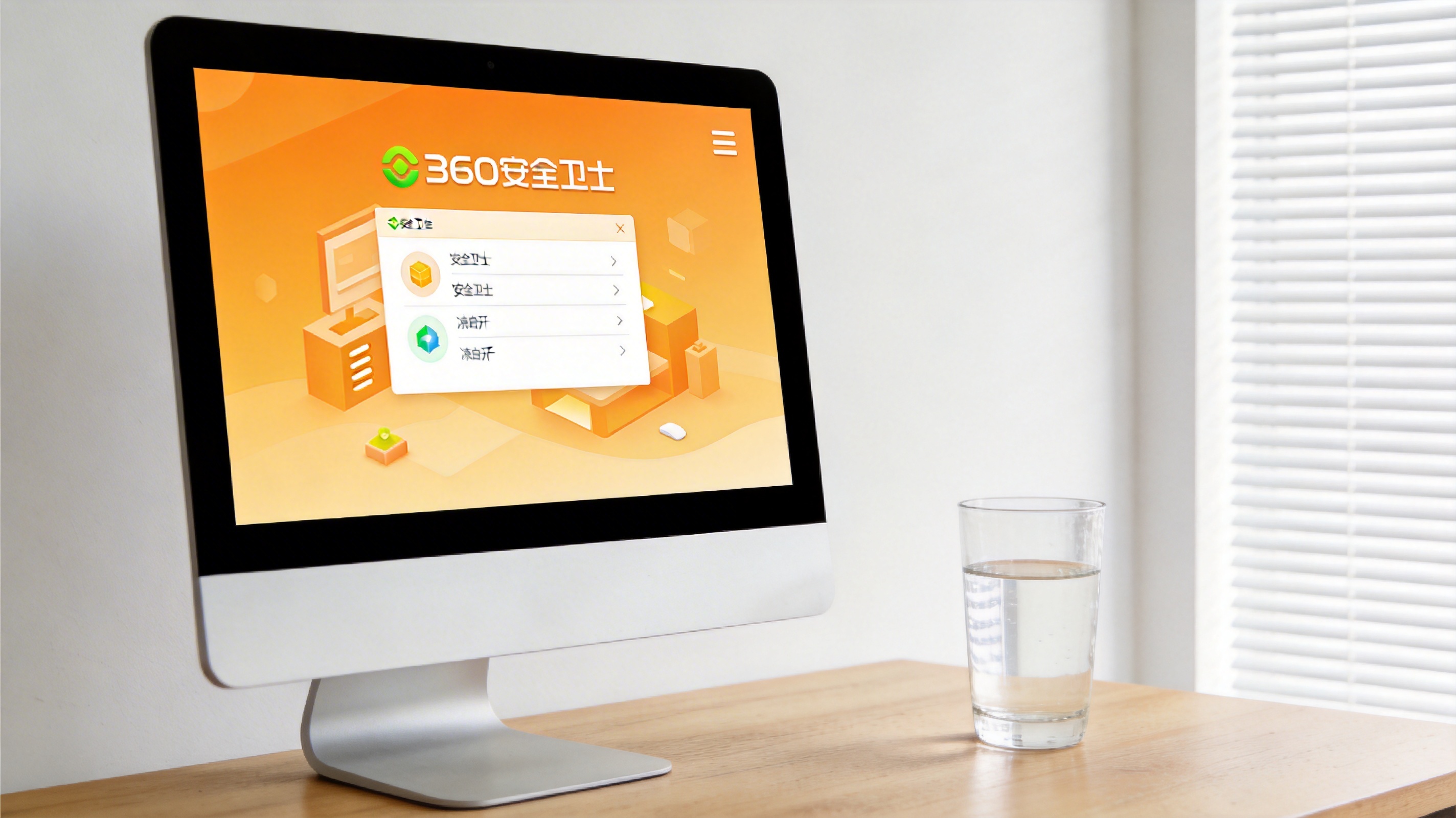 电脑桌面，屏幕显示360安全卫士主界面，右上角三条横线图标清晰可见，旁边放着半杯凉白开，室内自然光