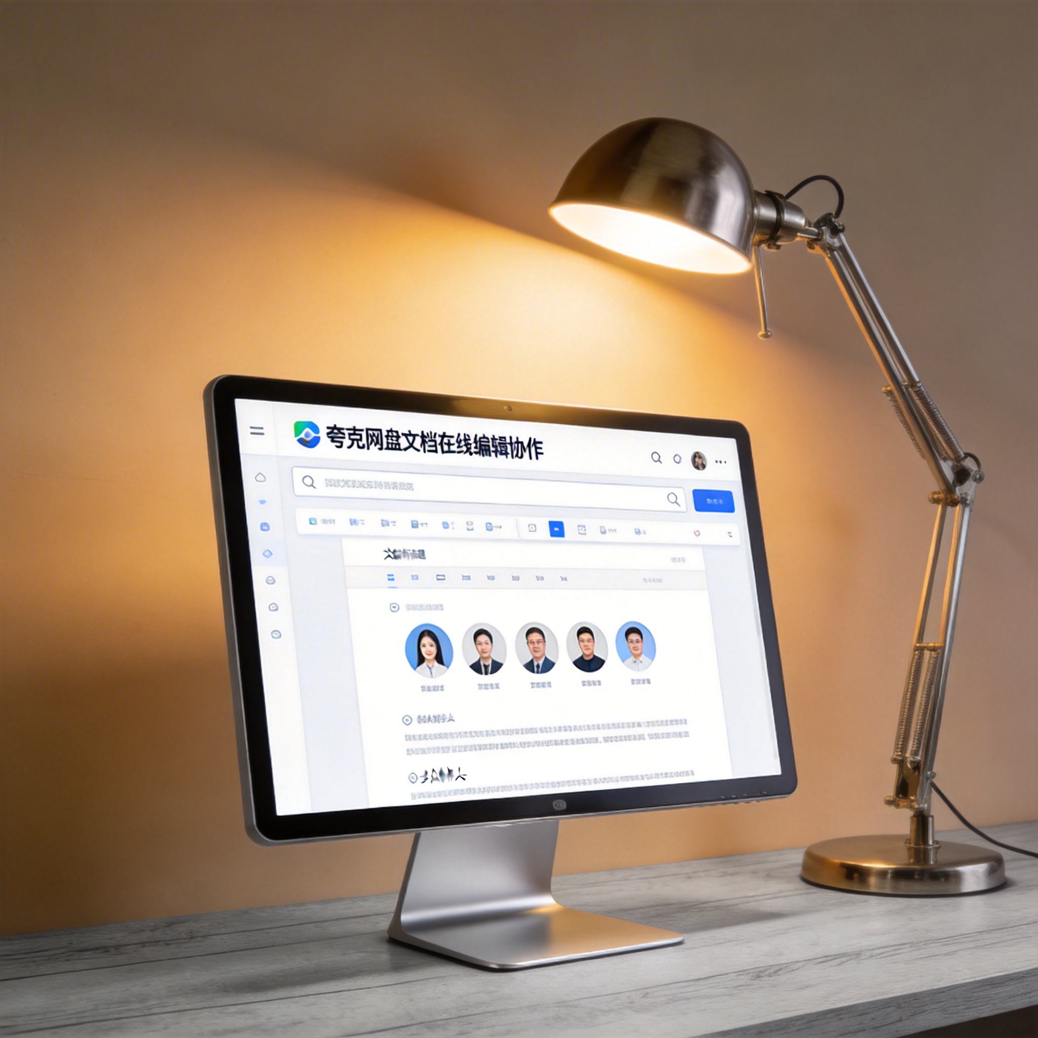 电脑桌上的电脑，屏幕显示夸克网盘文档在线编辑协作界面，旁边放着台灯