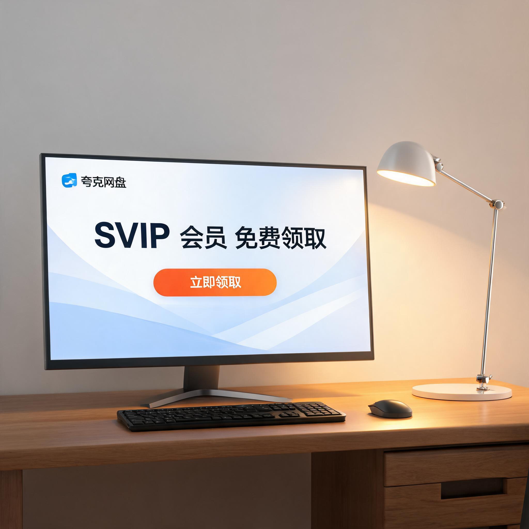 电脑桌上的电脑，屏幕显示夸克网盘 SVIP 会员免费领取界面，旁边放着台灯