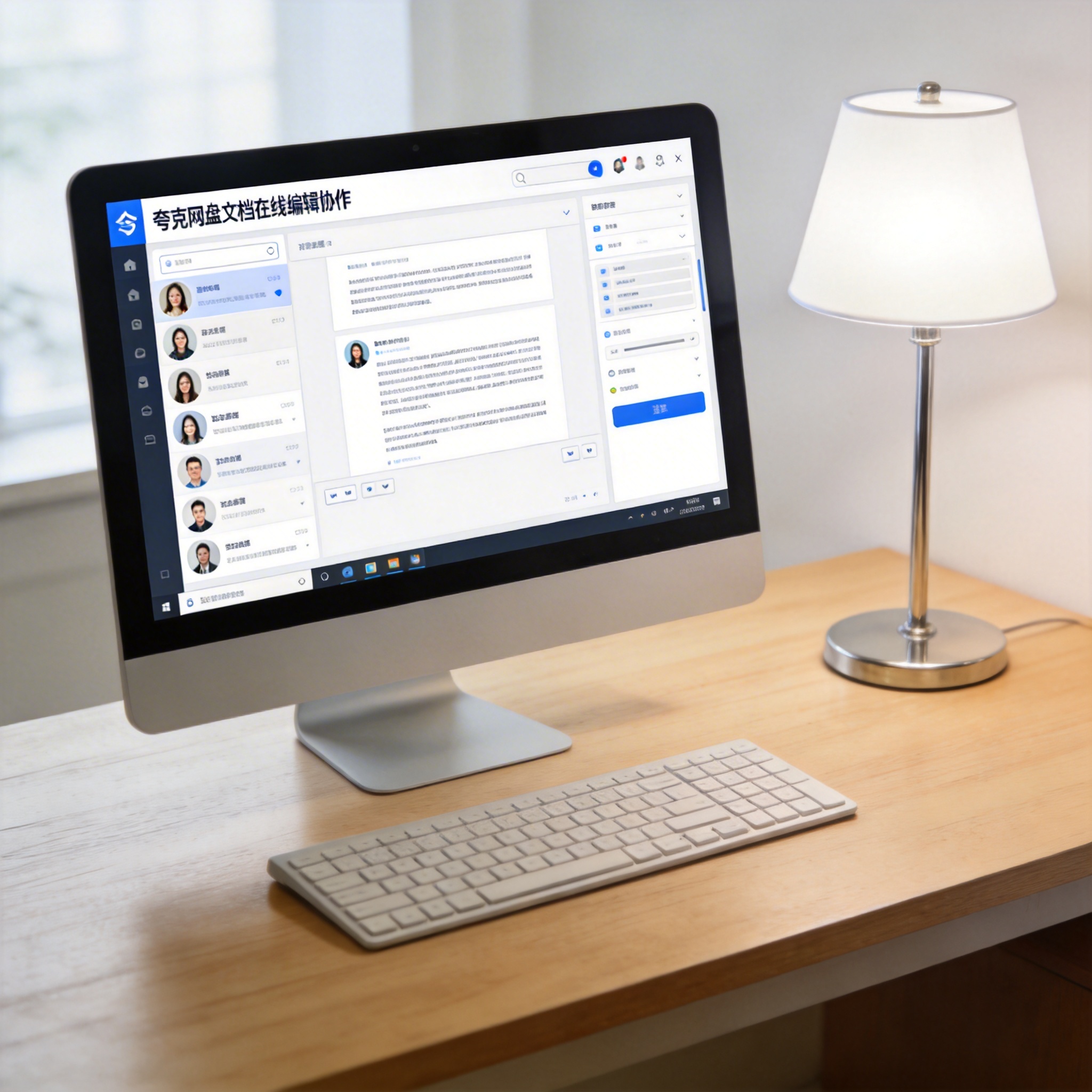 电脑桌上的电脑，屏幕显示夸克网盘文档在线编辑协作界面，旁边放着台灯