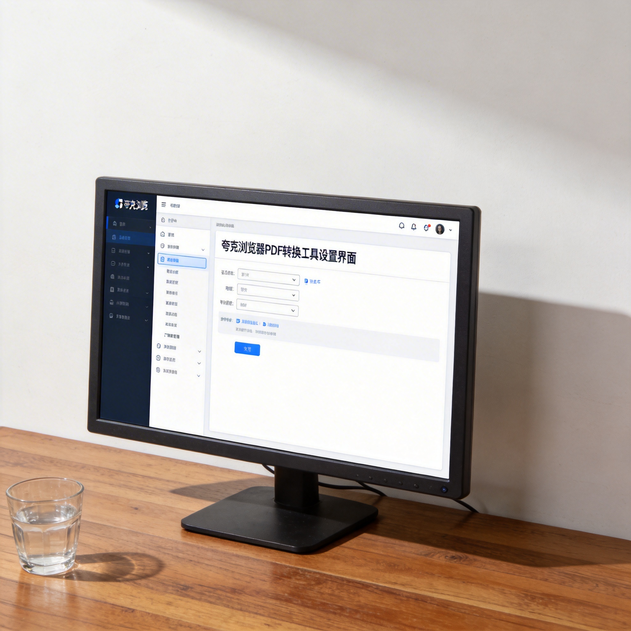 书桌上的主机，屏幕显示夸克浏览器 PDF 转换工具设置界面，桌角放着水杯，自然光