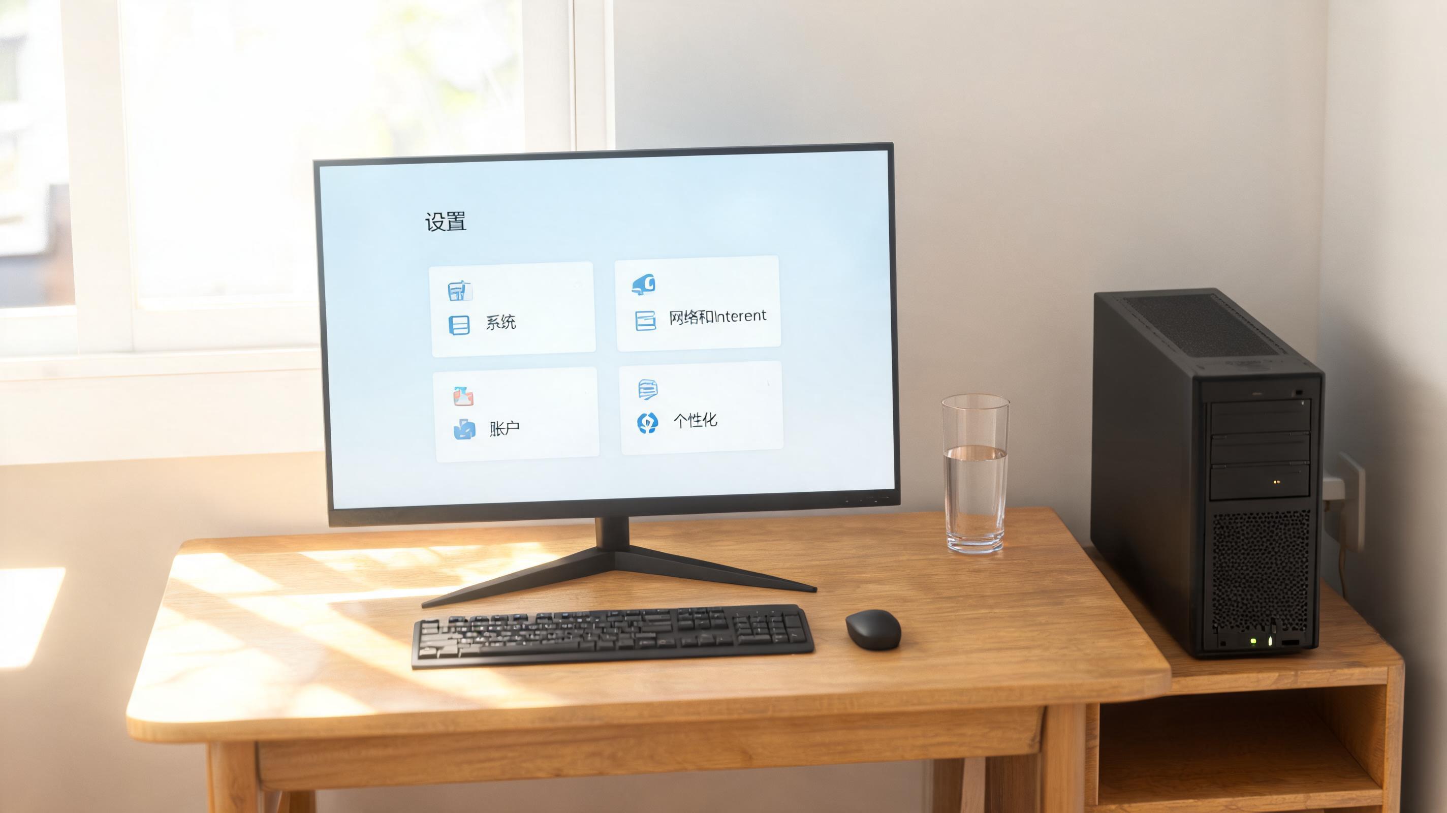 书桌上的主机，屏幕显示Windows设置界面，桌角放着水杯，自然光