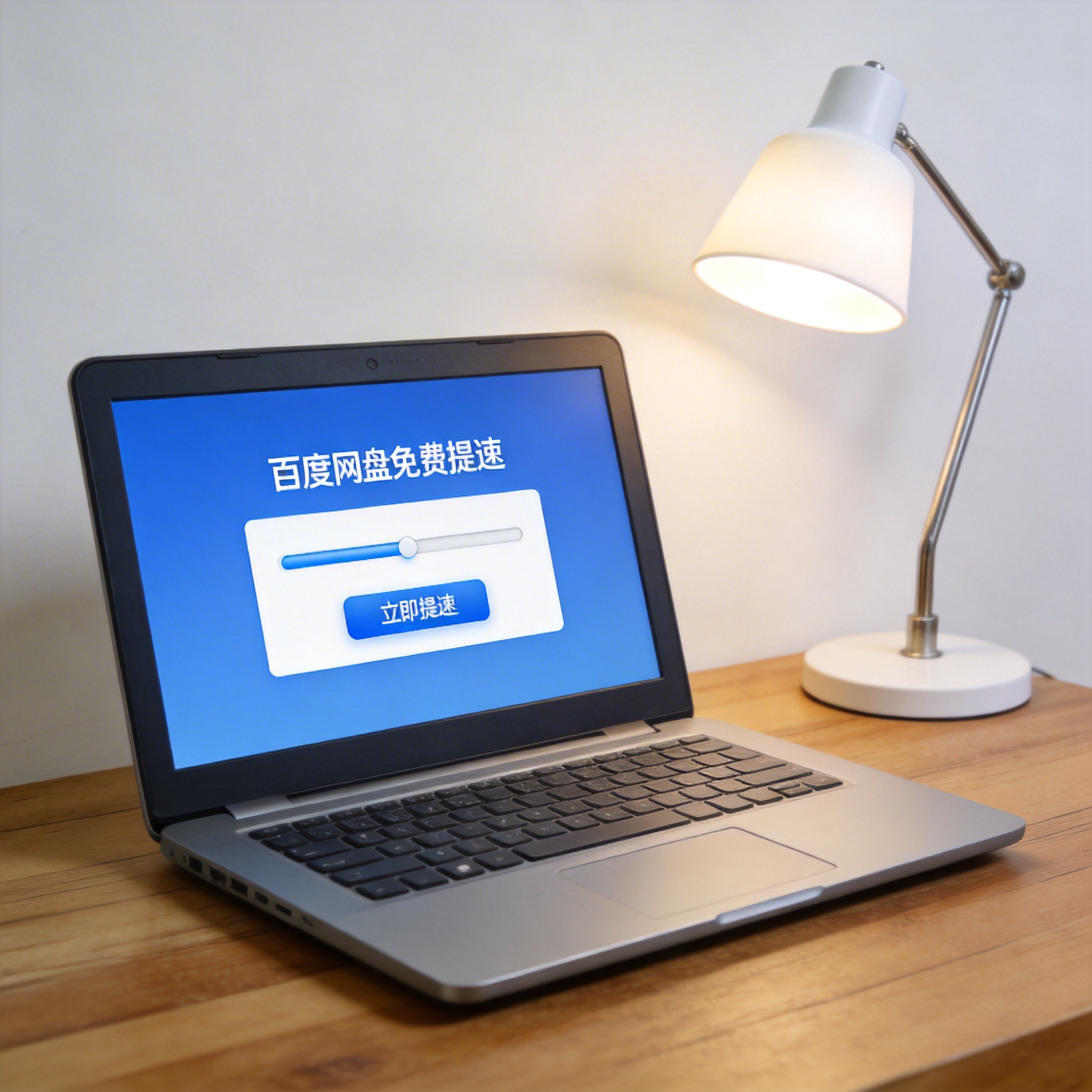 电脑桌上的电脑，屏幕显示百度网盘免费提速电脑界面，旁边放着台灯