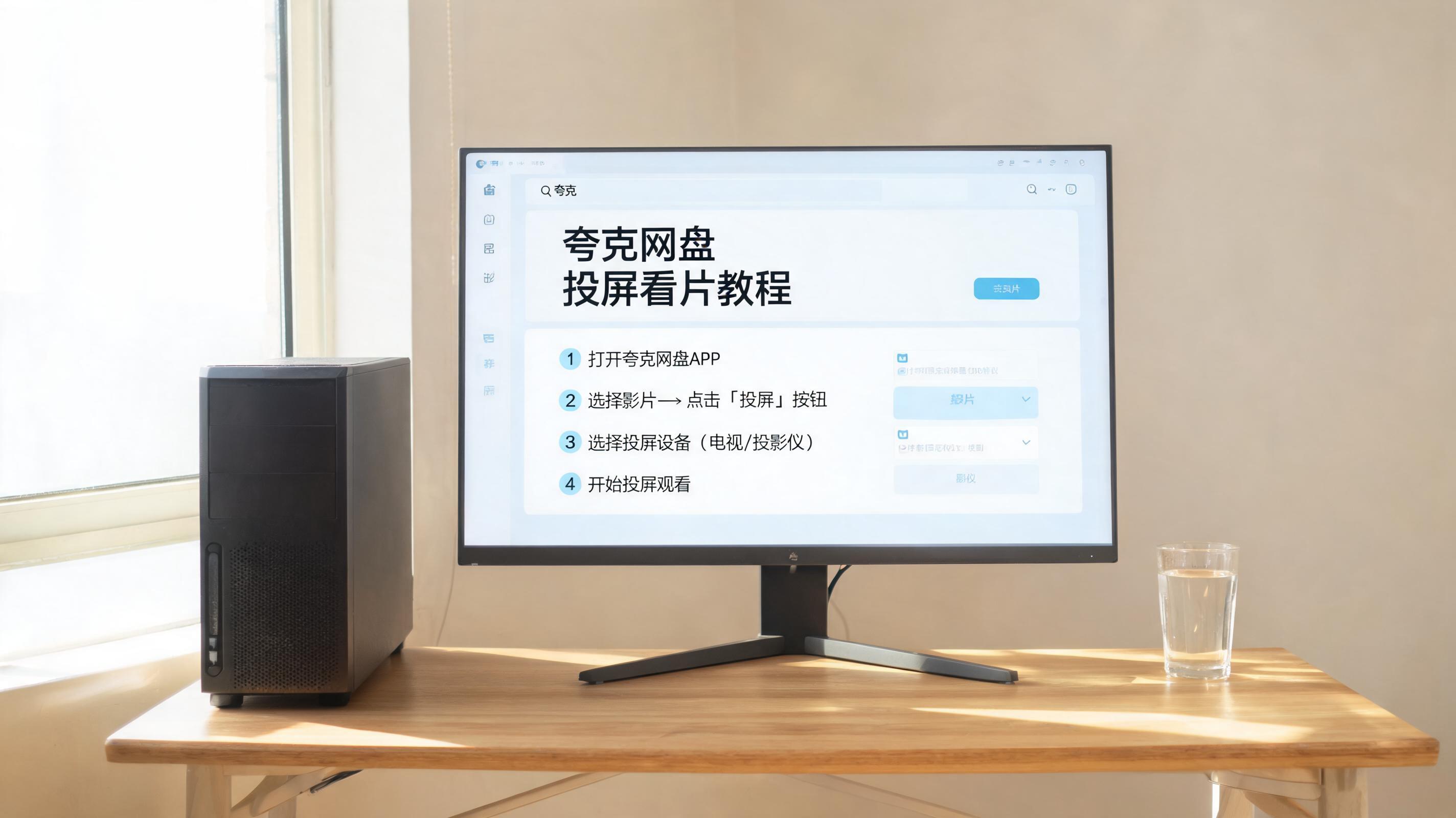 书桌上的主机，屏幕显示夸克网盘投屏看片教程设置界面，桌角放着水杯，自然光