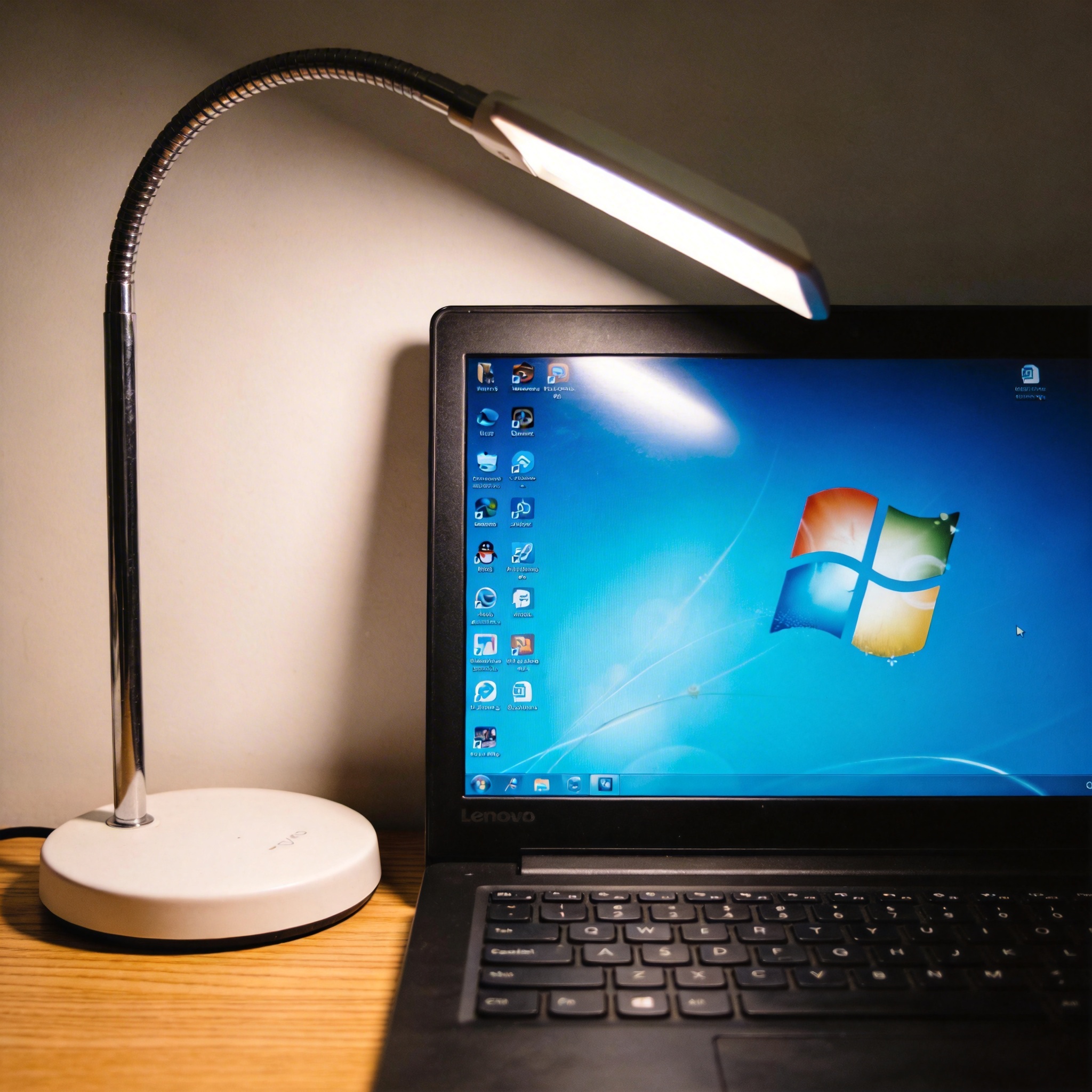 电脑桌上的电脑，屏幕显示Windows桌面，旁边放着台灯