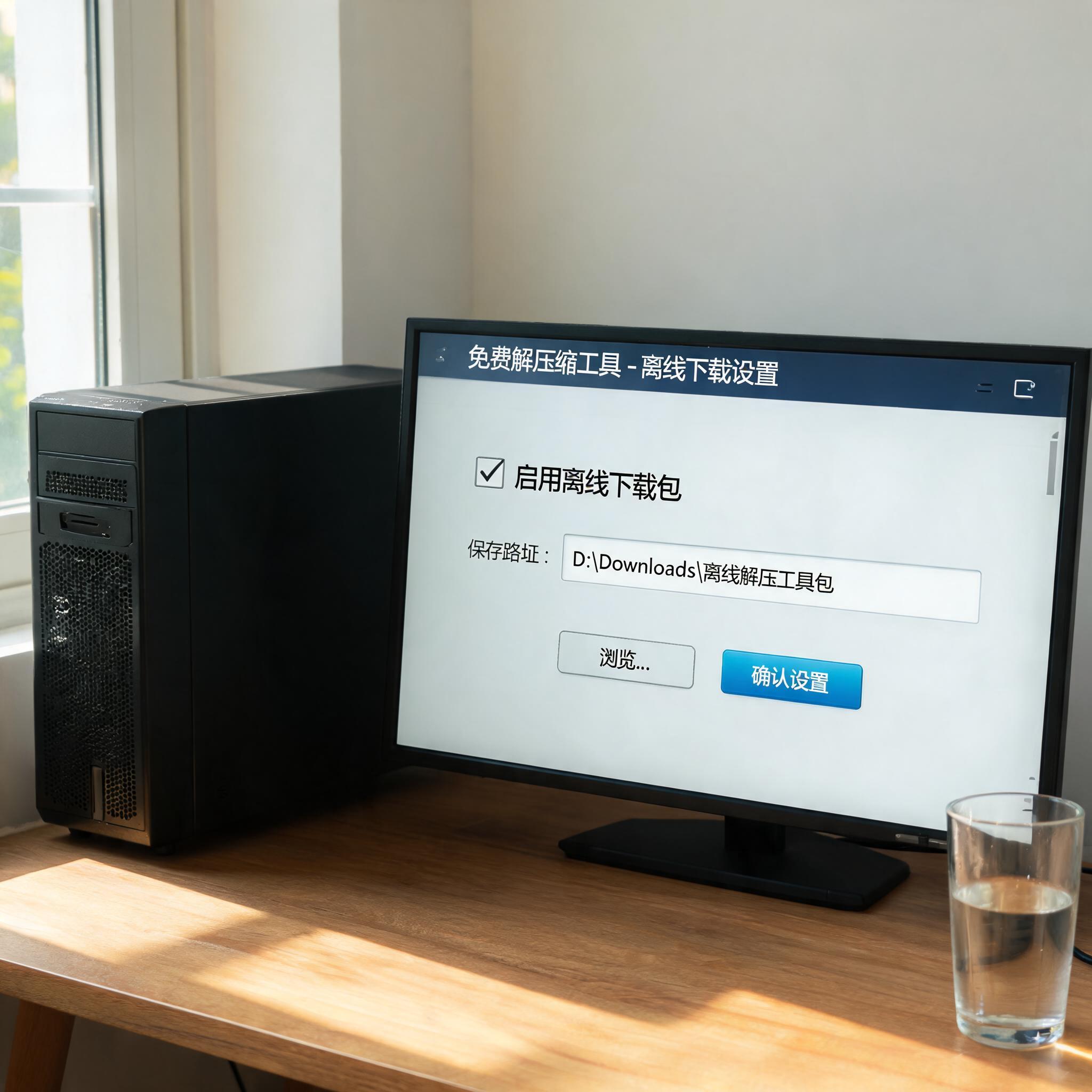 书桌上的主机，屏幕显示免费解压缩工具离线下载设置界面，桌角放着水杯，自然光
