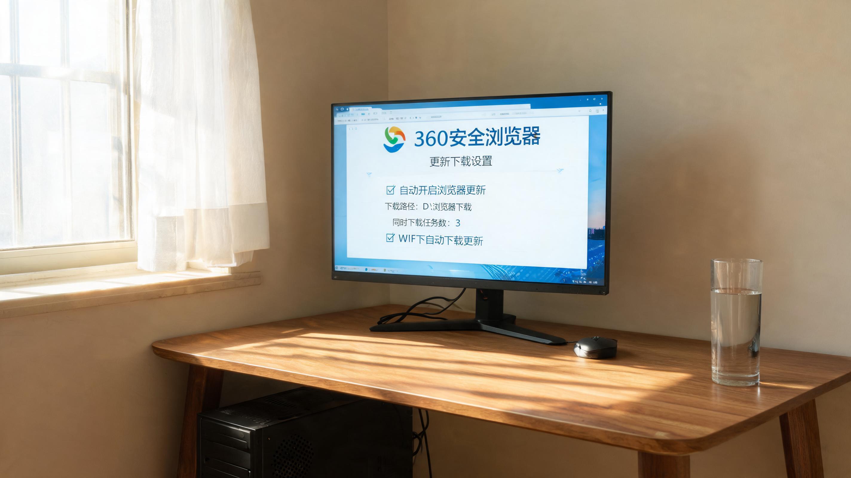 书桌上的主机，屏幕显示360 安全浏览器更新下载设置界面，桌角放着水杯，自然光