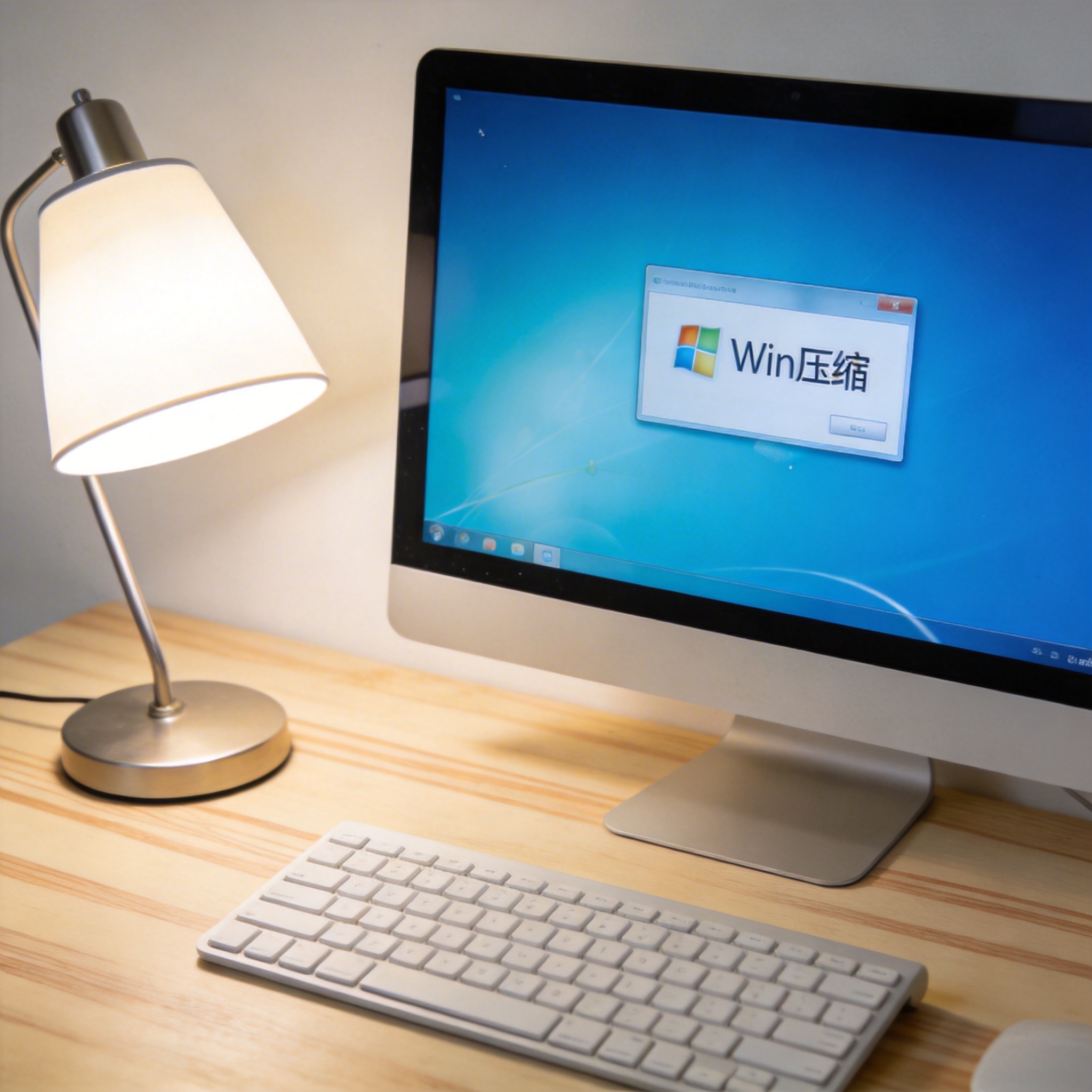 电脑桌上的电脑，屏幕显示win压缩界面，旁边放着台灯