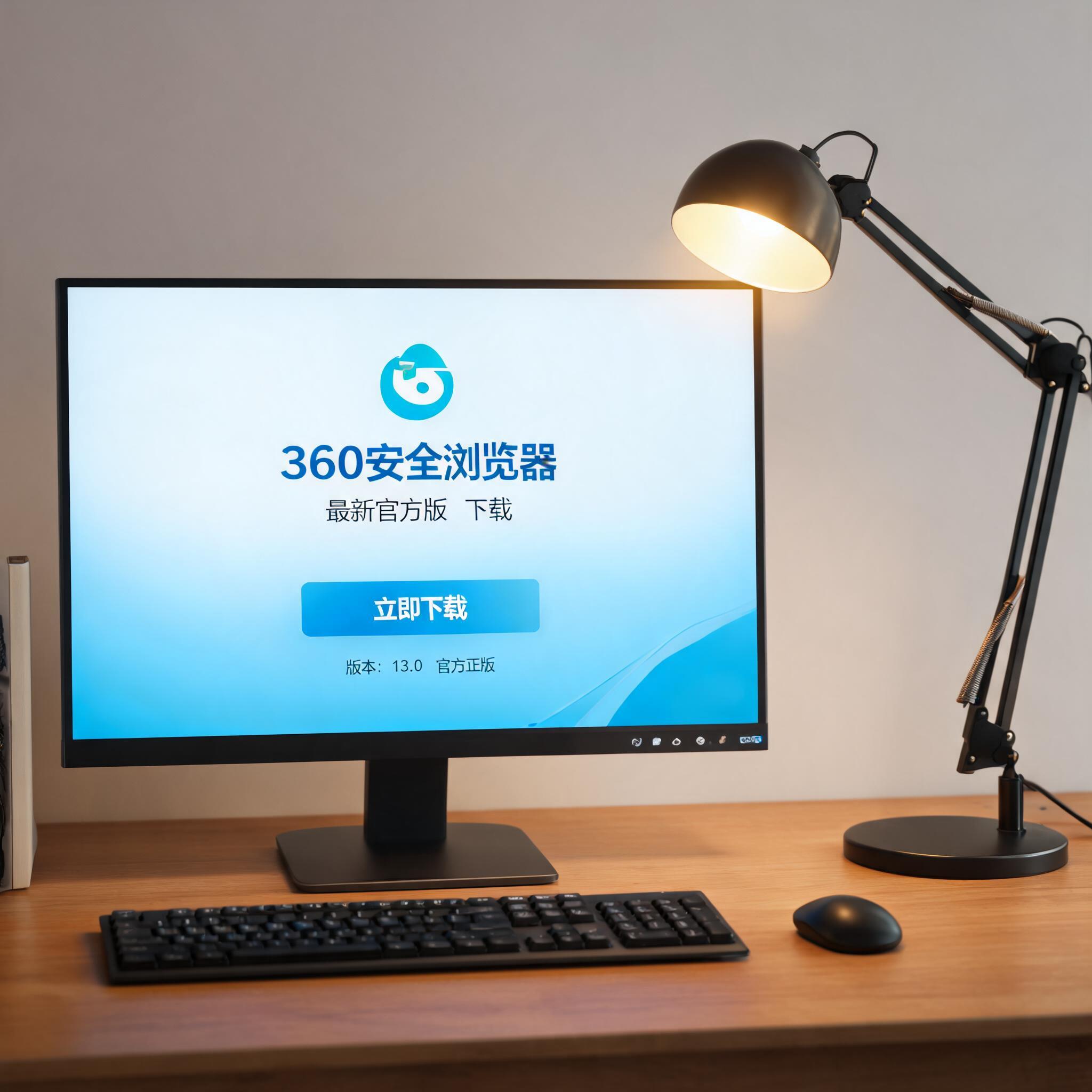 电脑桌上的电脑，屏幕显示360 安全浏览器最新版下载界面，旁边放着台灯
