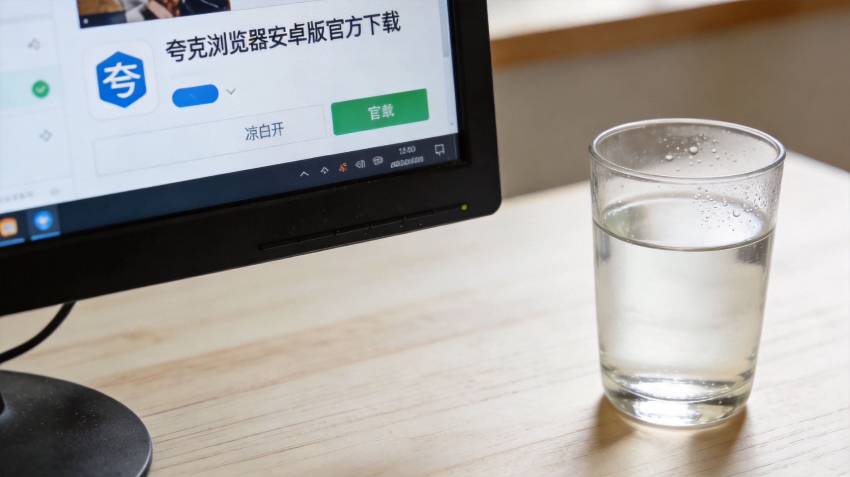 电脑桌面显示夸克浏览器安卓版官方下载页面，旁边放着半杯凉白开，室内自然光