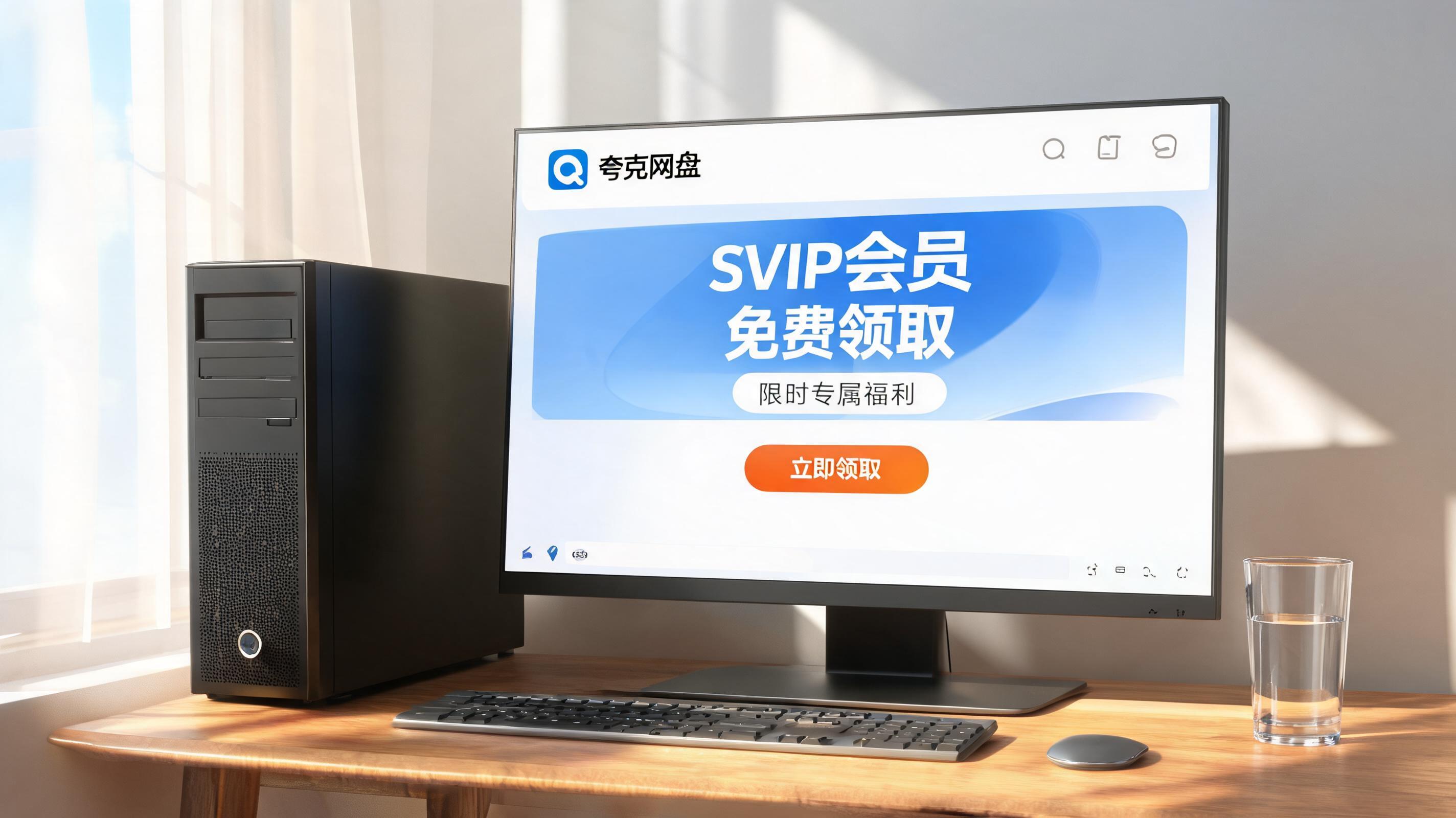 书桌上的主机，屏幕显示夸克网盘 SVIP 会员免费领取设置界面，桌角放着水杯，自然光