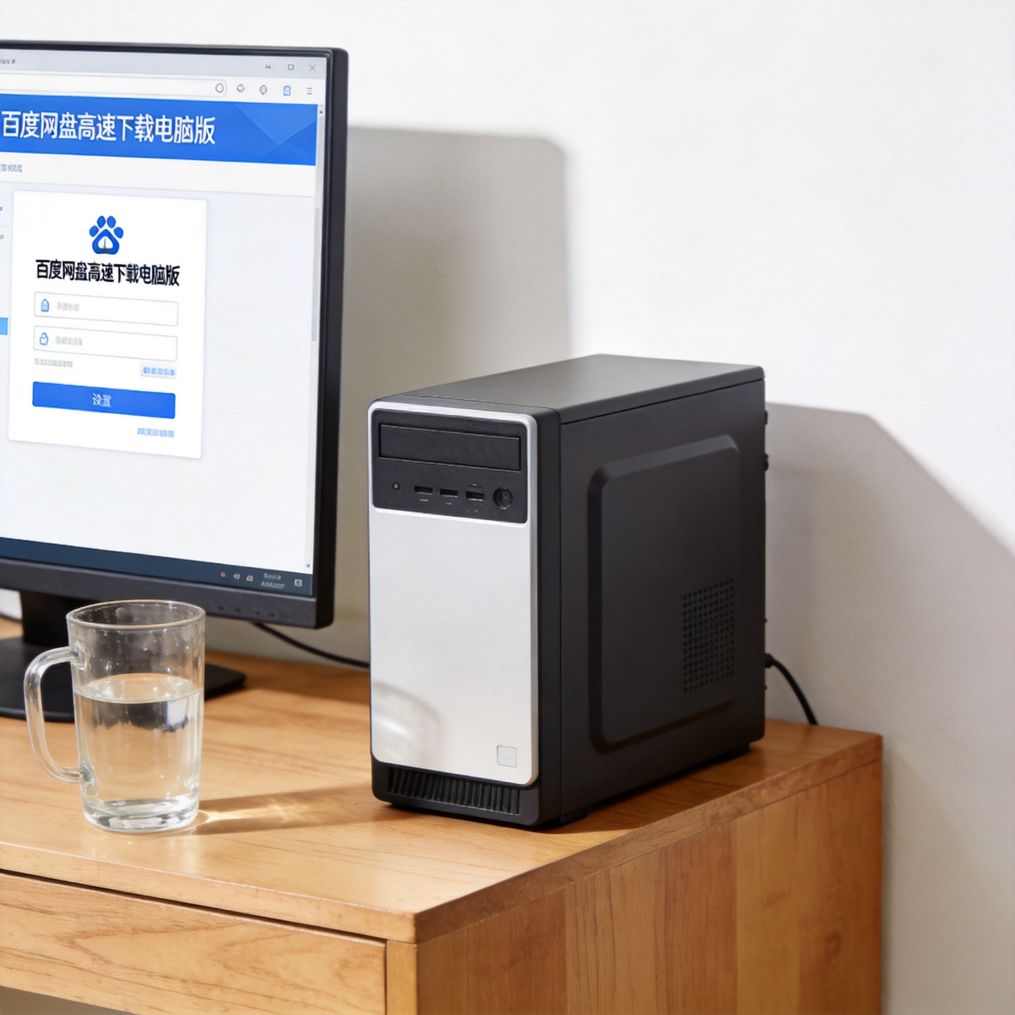 书桌上的主机，屏幕显示百度网盘高速下载电脑版设置界面，桌角放着水杯，自然光