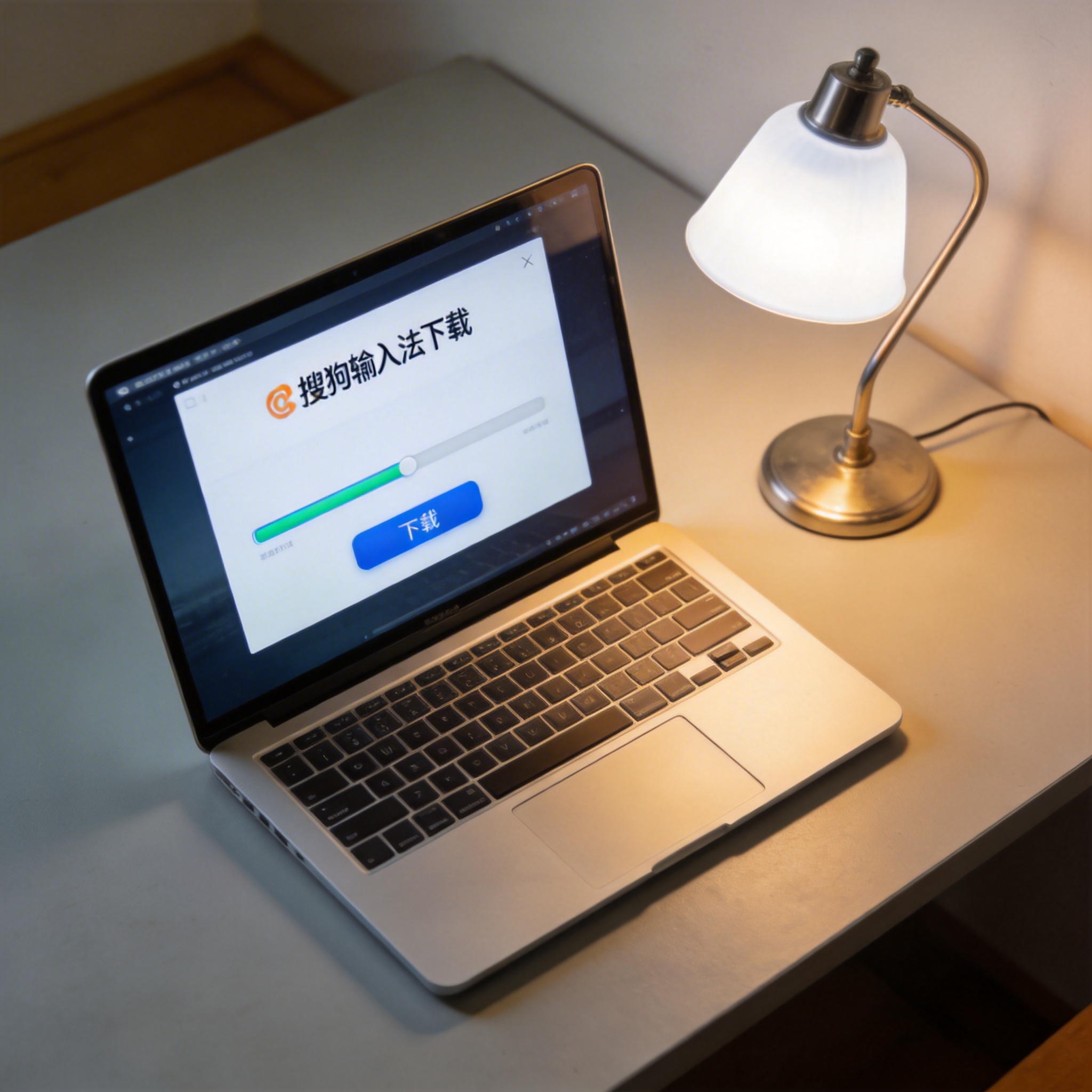 电脑桌上的电脑，屏幕显示搜狗输入法下载界面，旁边放着台灯