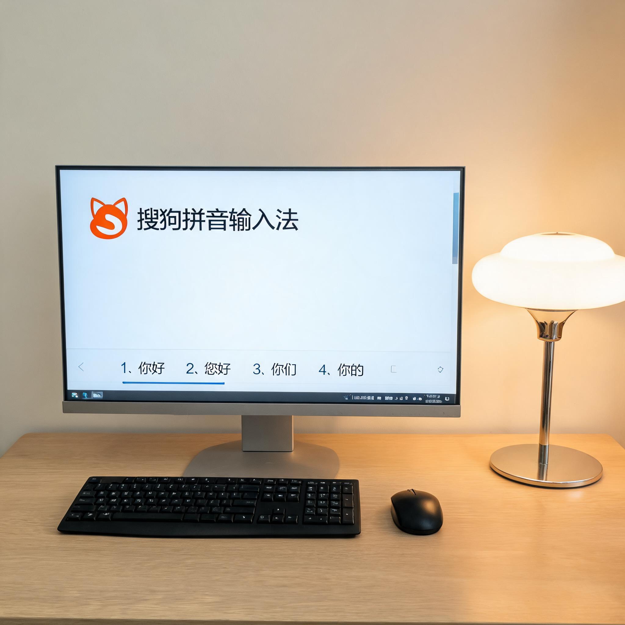 电脑桌上的电脑，屏幕显示搜狗拼音输入法界面，旁边放着台灯