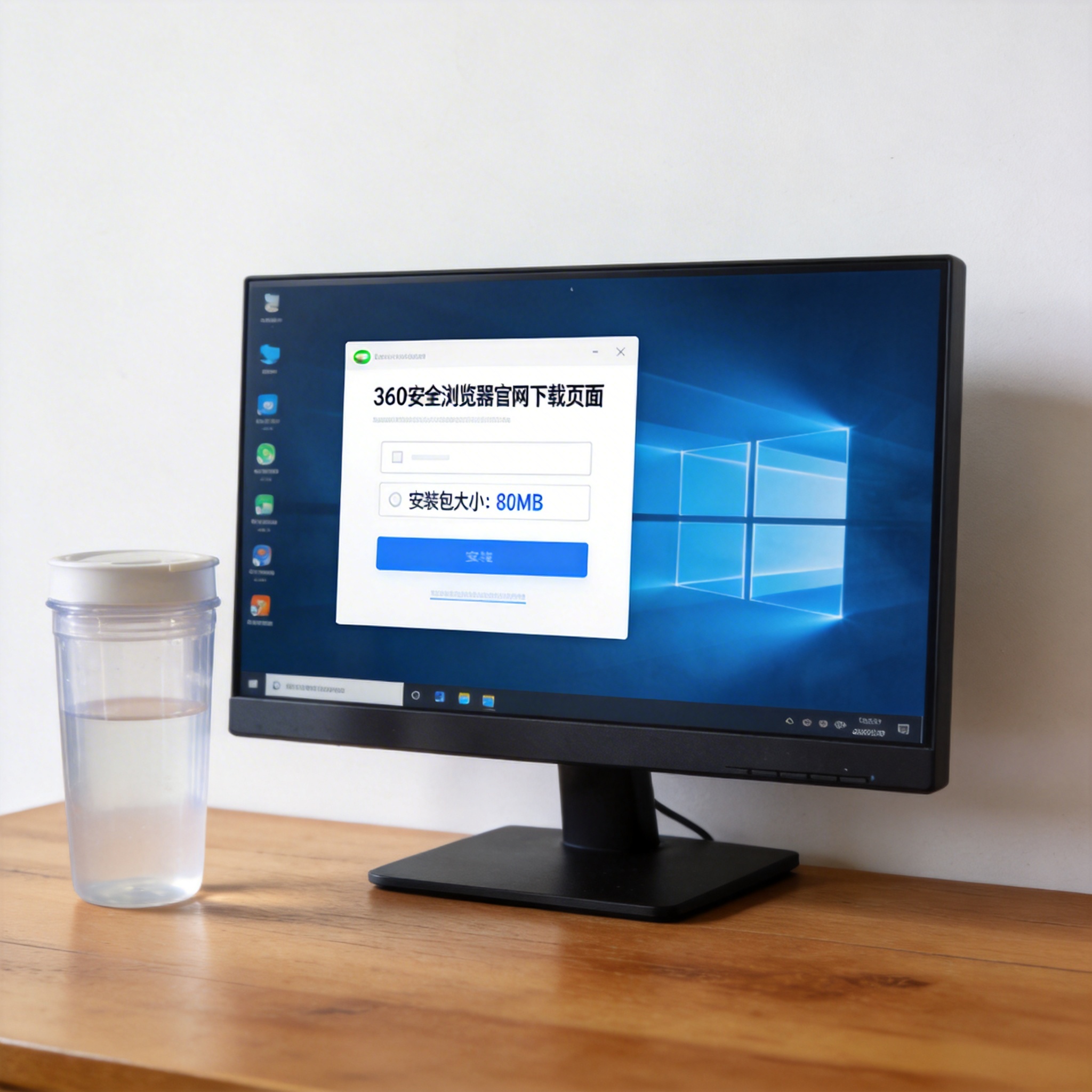 电脑桌的Windows系统电脑，屏幕显示360安全浏览器官网下载页面，显示安装包大小80MB，旁边放着半透明水杯，室内自然光