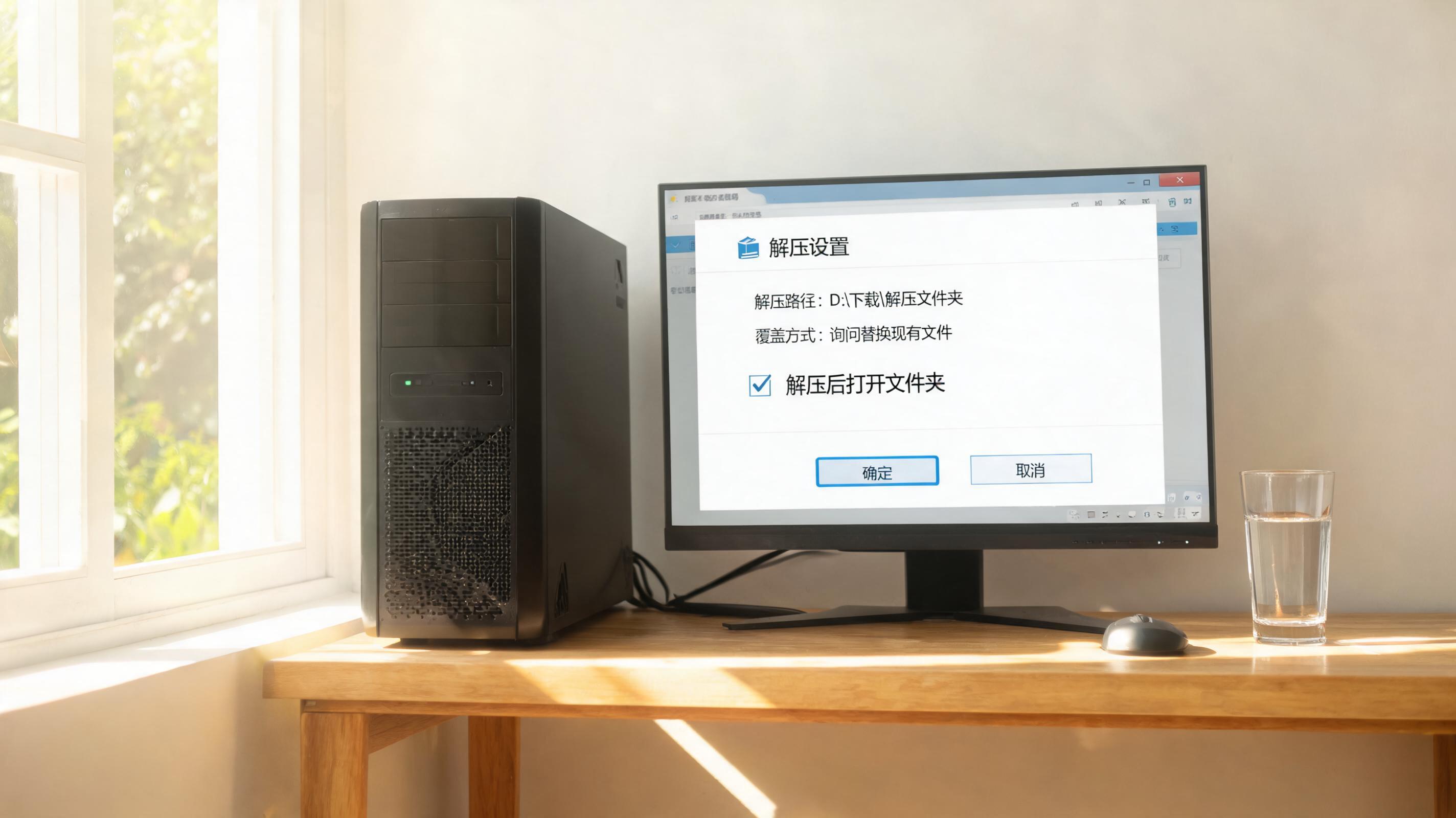 书桌上的主机，屏幕显示解压缩设置界面，桌角放着水杯，自然光