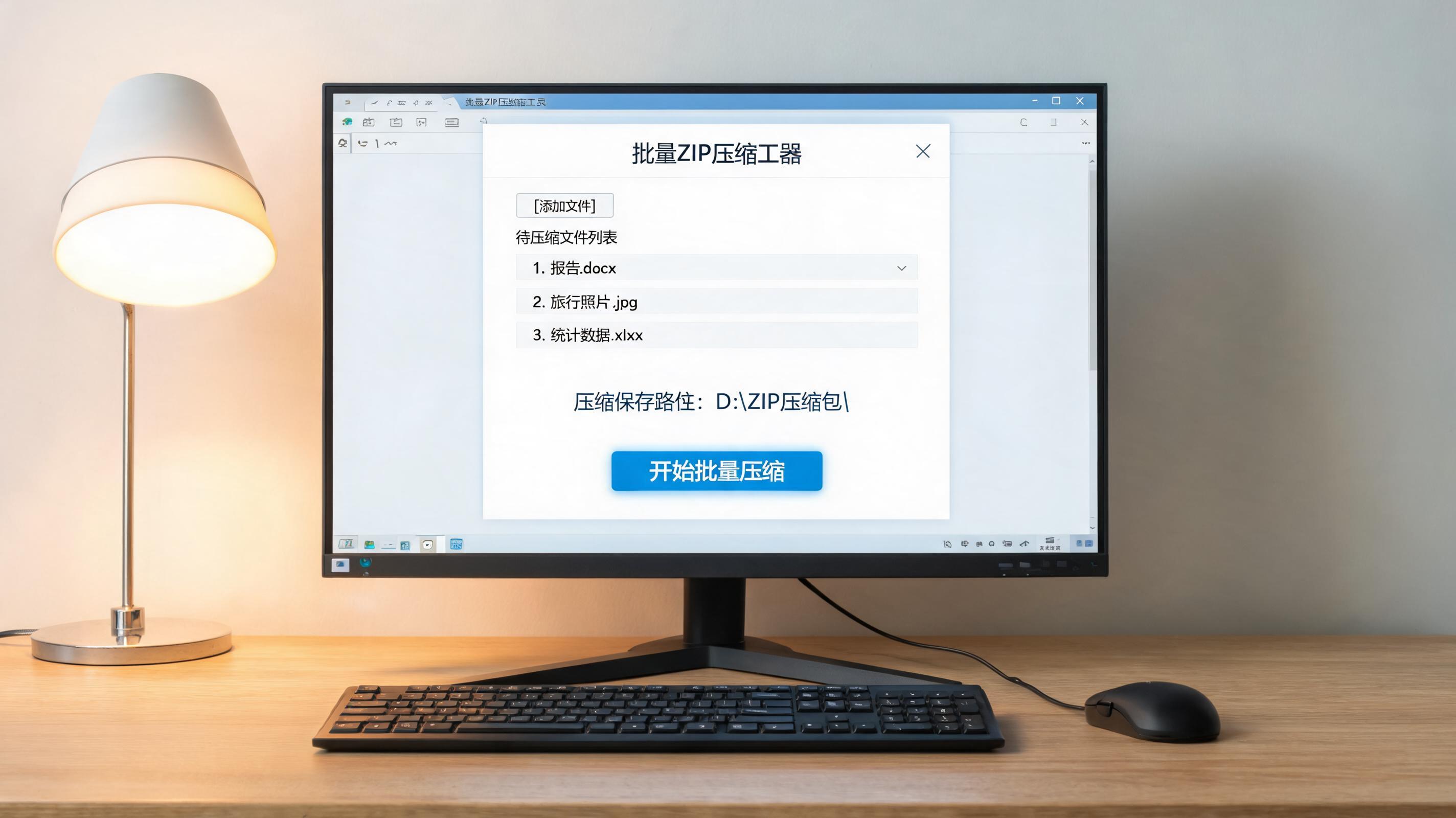 电脑桌上的电脑，屏幕显示批量 zip 文件压缩工具界面，旁边放着台灯