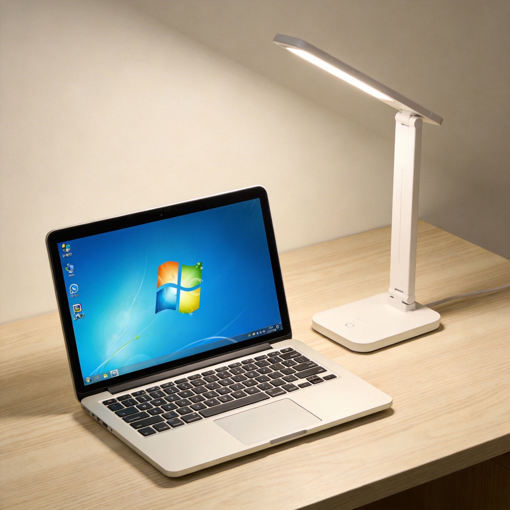 电脑桌上的电脑，屏幕显示Windows界面，旁边放着台灯