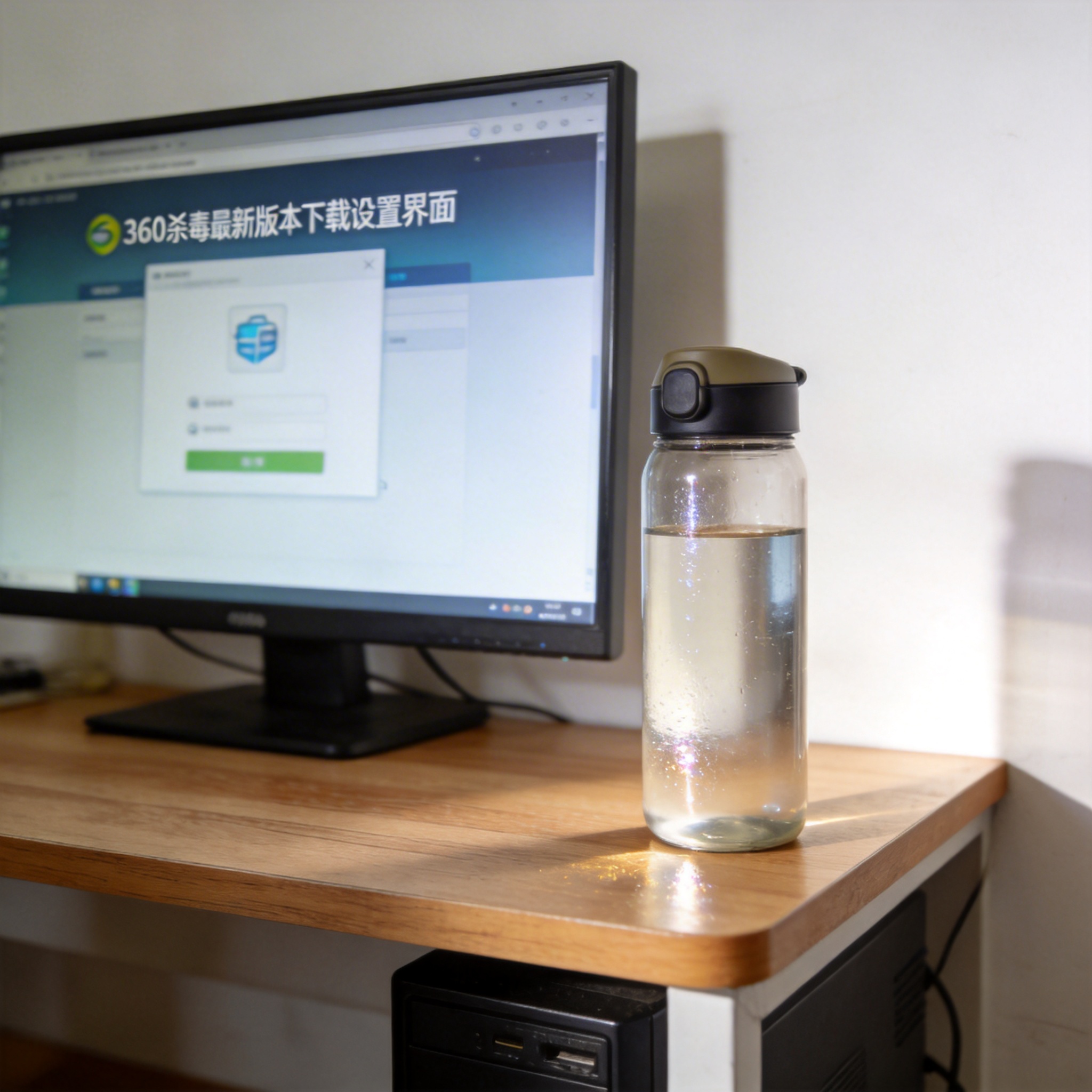 书桌上的主机，屏幕显示360 杀毒最新版本下载设置界面，桌角放着水杯，自然光