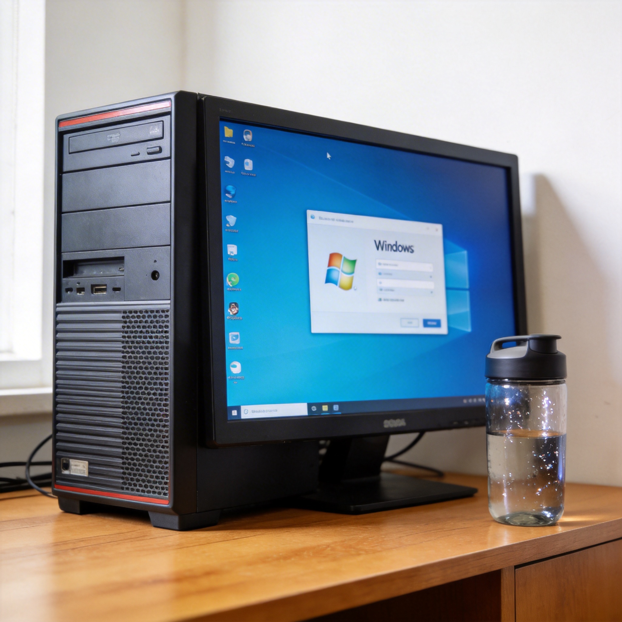 书桌上的主机，屏幕显示Windows设置界面，桌角放着水杯，自然光