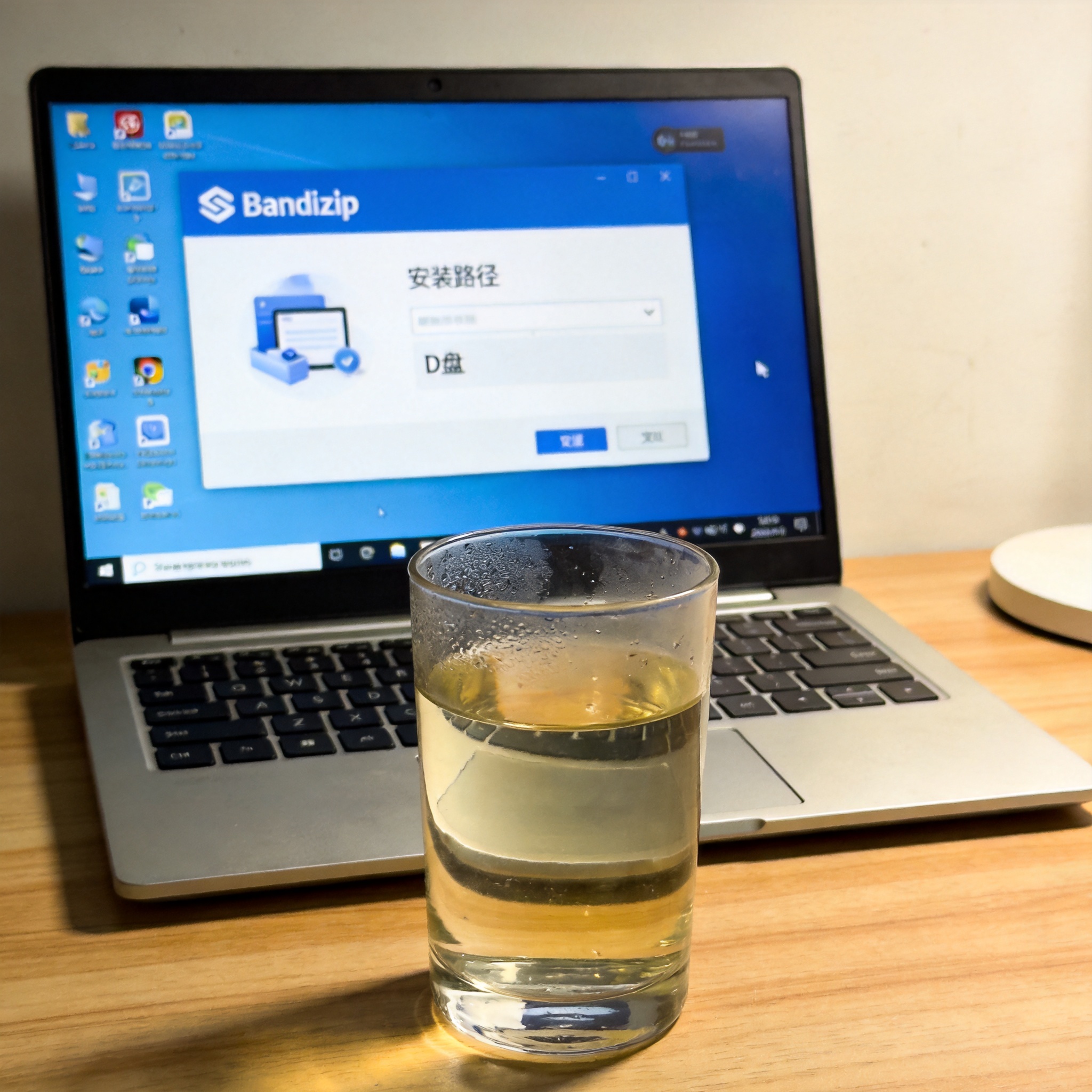 电脑桌的Windows11系统电脑，屏幕显示Bandizip自定义安装窗口，安装路径选在D盘，旁边放着半杯温水，室内自然光