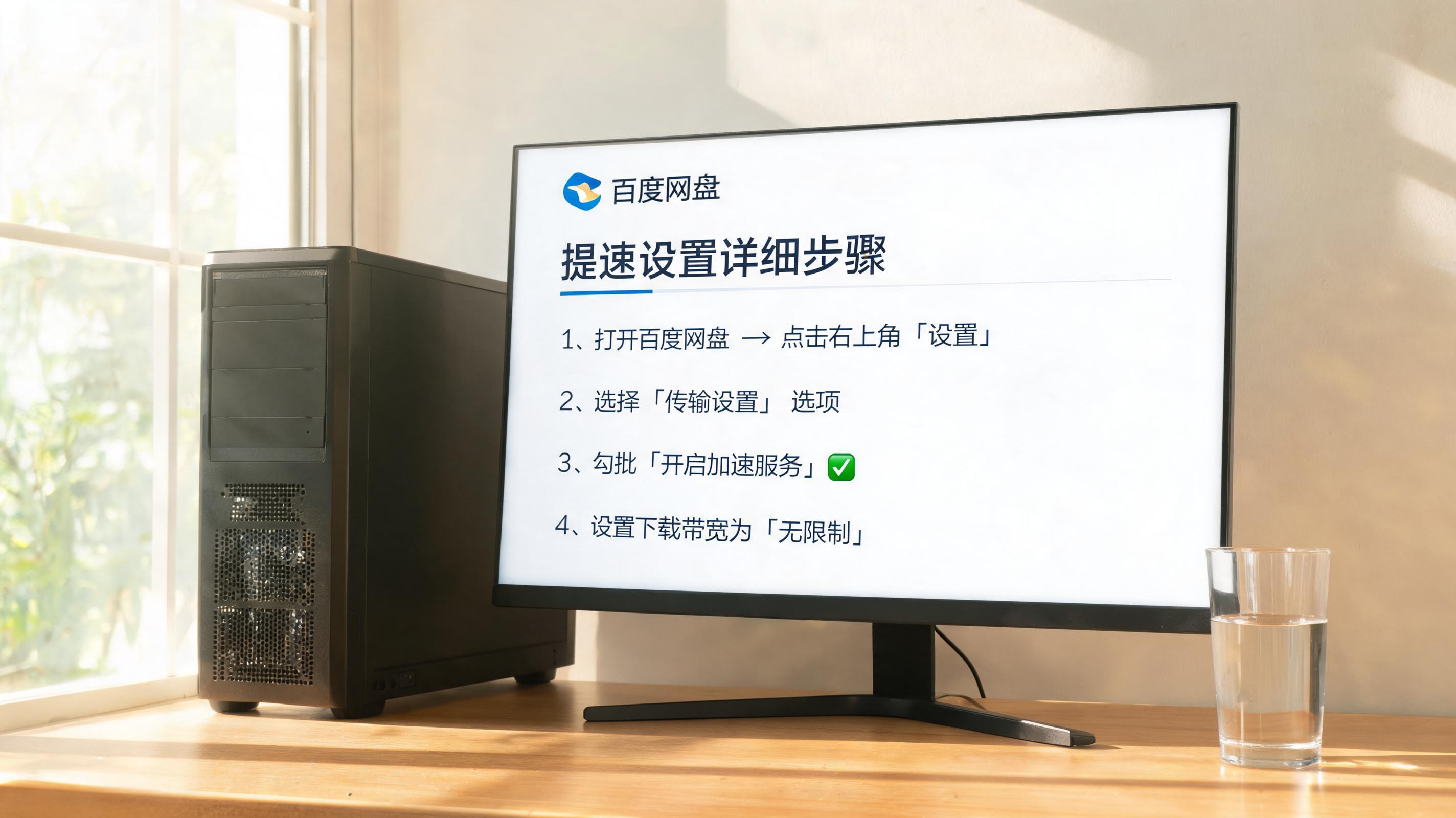 书桌上的主机，屏幕显示百度网盘提速方法详细步骤设置界面，桌角放着水杯，自然光