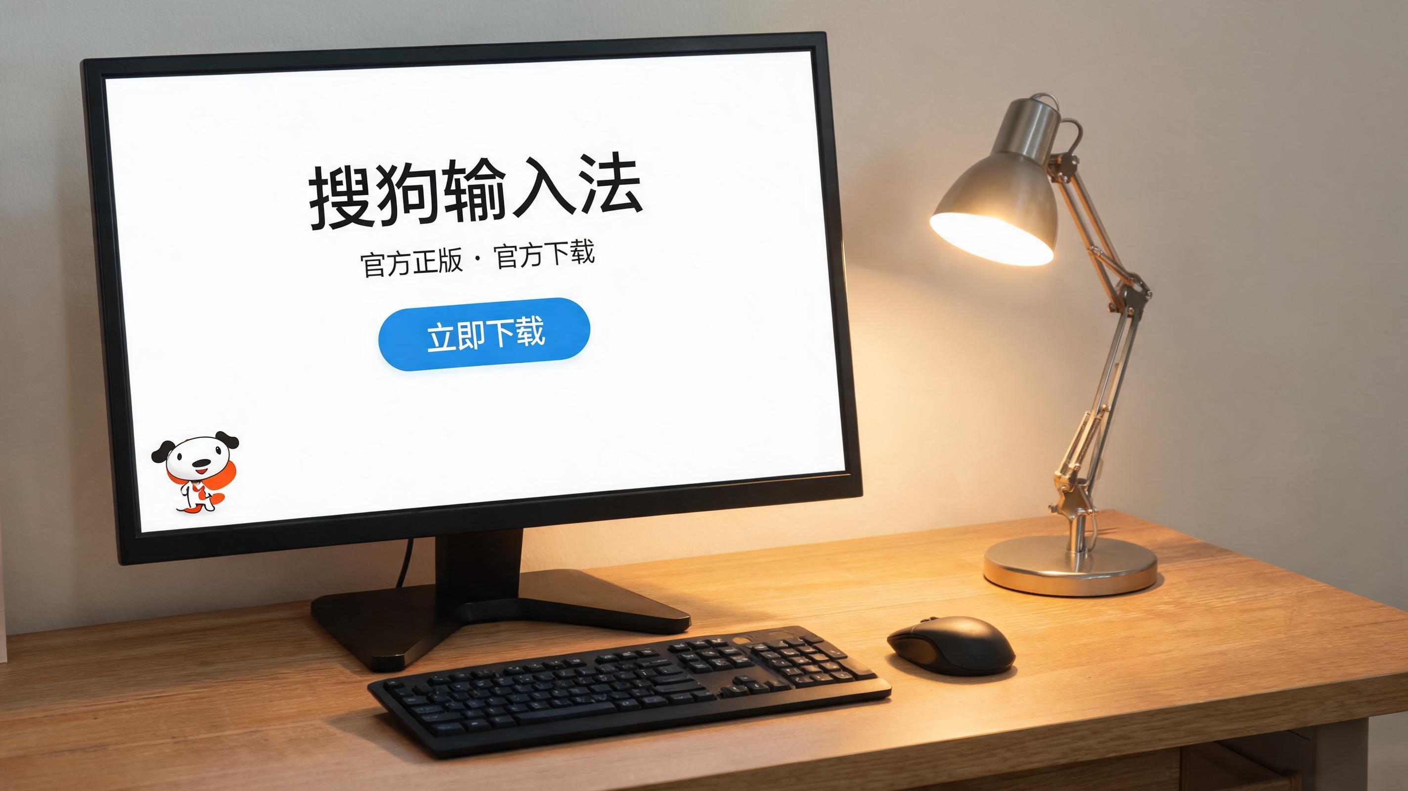 电脑桌上的电脑，屏幕显示搜狗输入法官方正版下载界面，旁边放着台灯